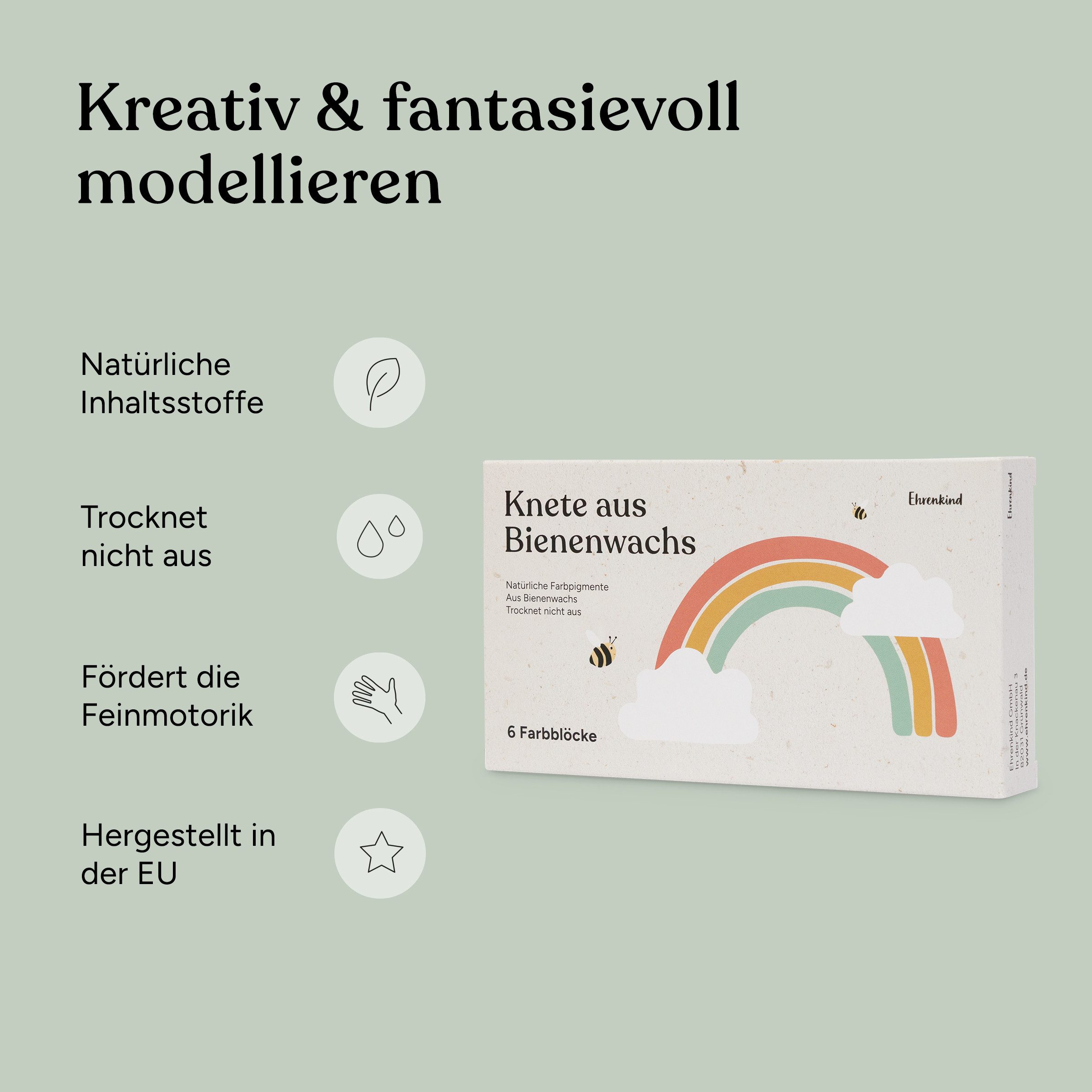 Ehrenkind Knete aus Bienenwachs, Trocknet Nicht aus, Unbedenklich (Kleine Geschenke für Kindergeburstag, 1-tlg., Knete ab 3 Jahre), 100% natürliche Inhaltsstoffe
