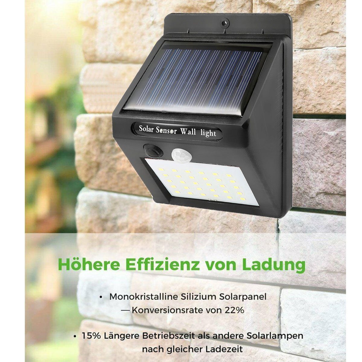 oyajia LED Wandleuchte Tageslichtweiß, 30 Solarleuchte Wandleuchte Solarlampe LED Garten fest mit integriert, Bewegungsmelder, 3 Modi Solarleuchte, Superhelle x 4 LEDs Wasserdichte