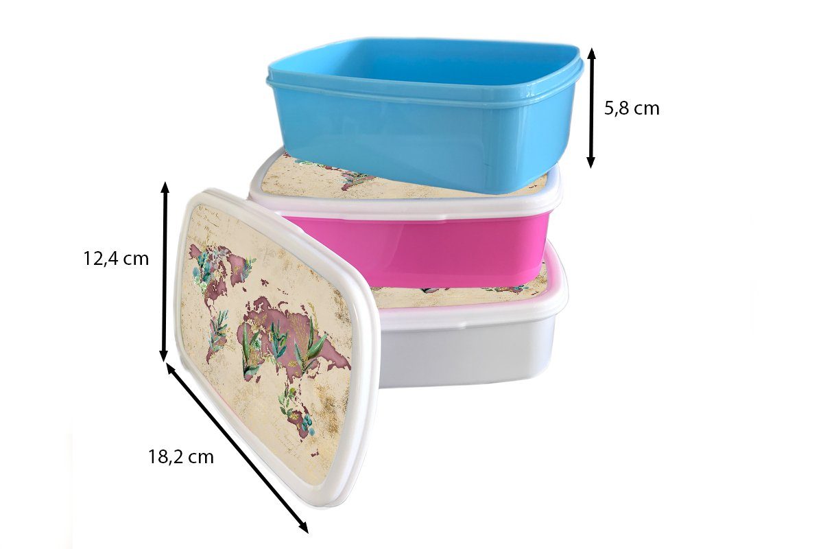 MuchoWow Lunchbox Weltkarte - - Kunststoff Papyrus Snackbox, für Erwachsene, Kinder, Brotbox Brotdose Retro, (2-tlg), Mädchen, rosa Kunststoff