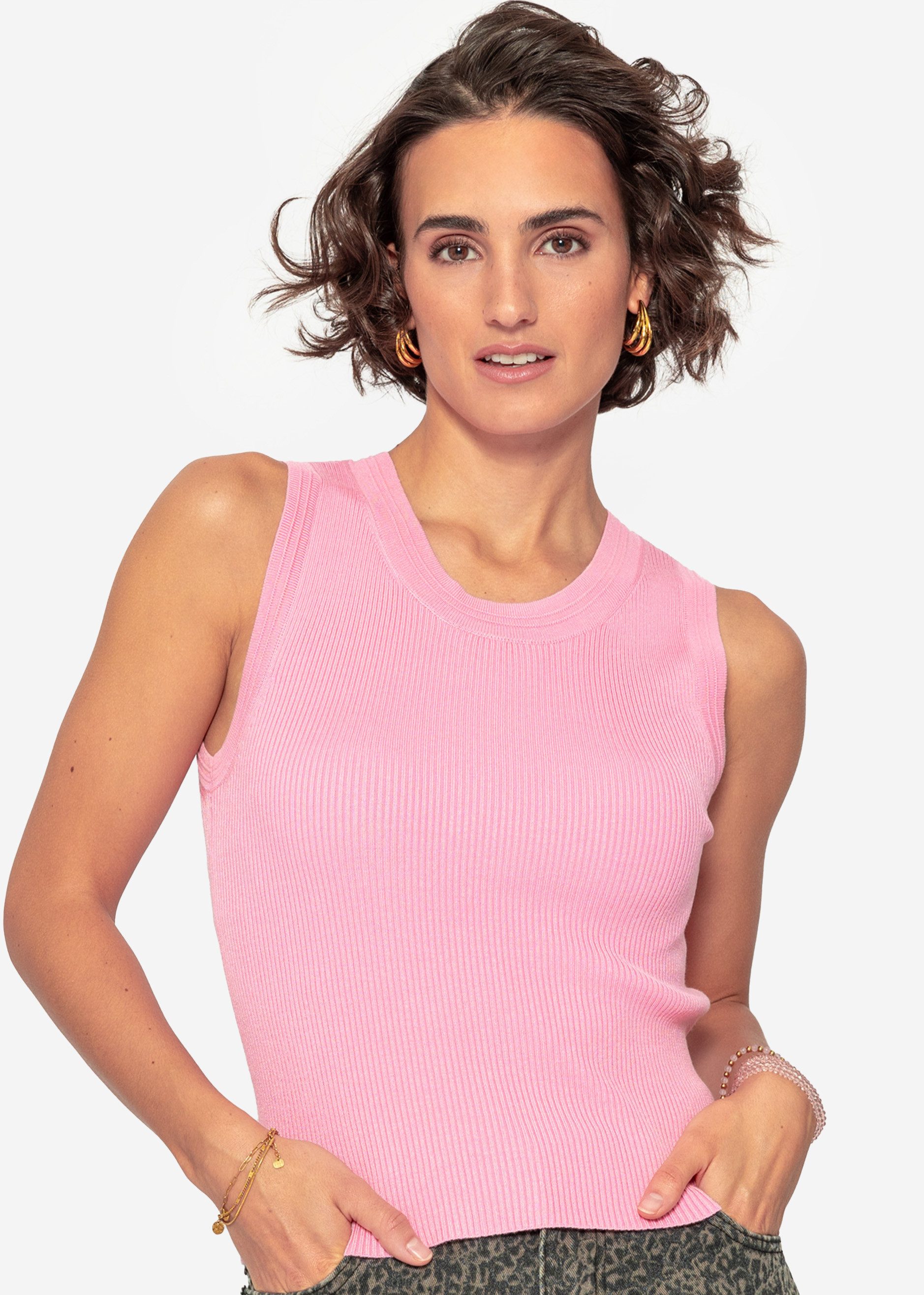 SASSYCLASSY T-Shirt Strick-Top Damen mit Rundhalsausschnitt ärmellos Top in Rippstruktur mit klassischem Design und schmeichelnde Passform