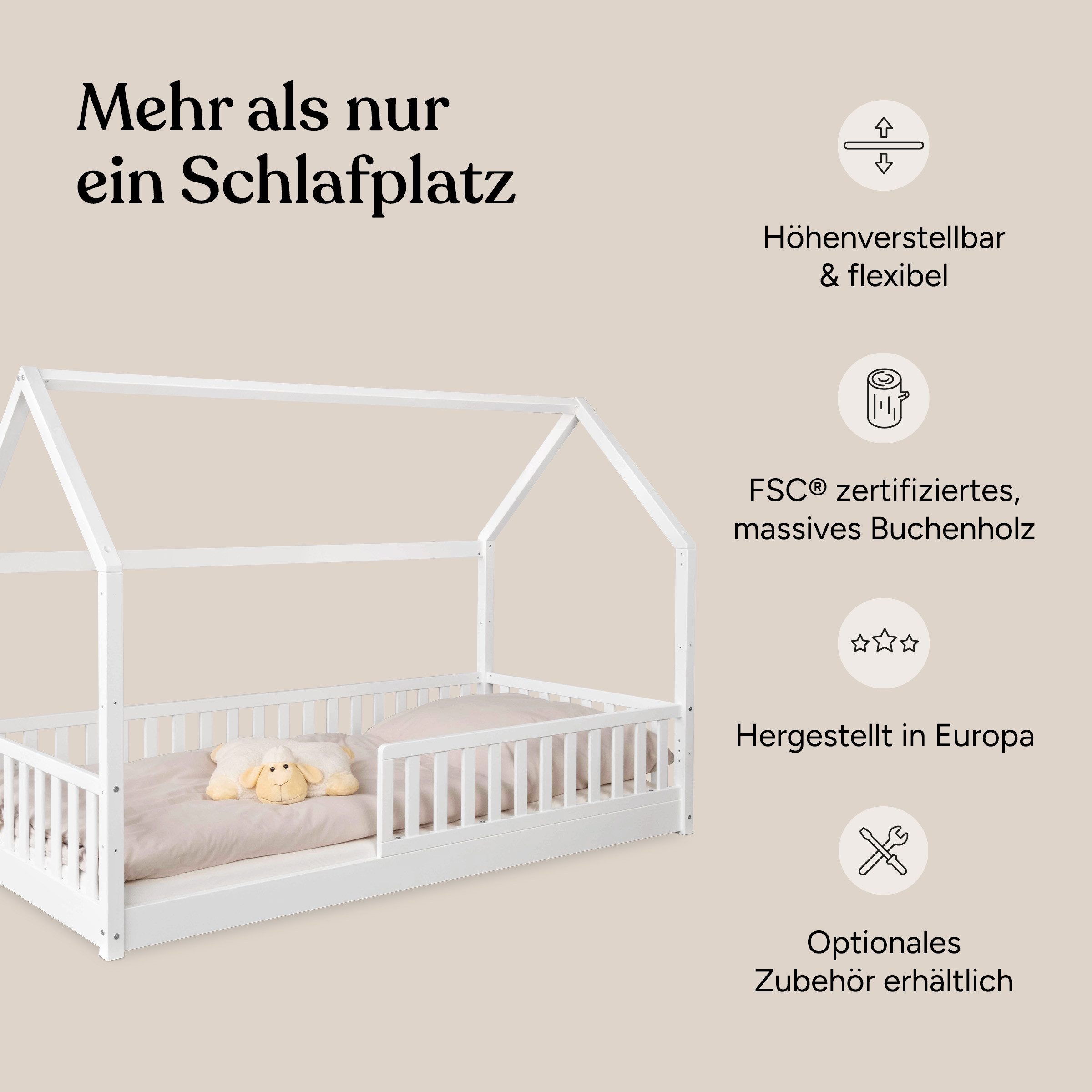 Ehrenkind Hausbett Livo aus massivem Buchenholz in verschiedenen Größen (FSC® zertifiziertMontessori Kinderbett, Jugendbett, 90x200), höhenverstellbar