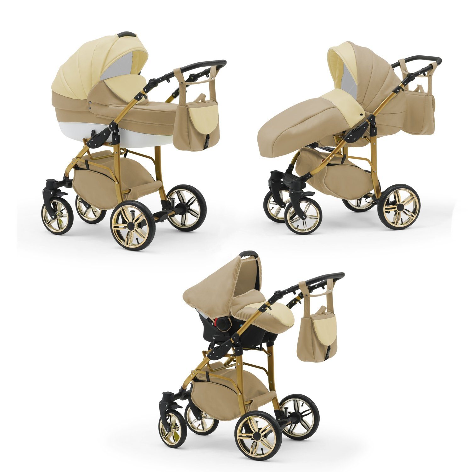 babies-on-wheels Kombi-Kinderwagen 3 in 1 Kinderwagen-Set Cosmo Gold- 16 Teile - in 46 Farben Creme-Beige-Weiß