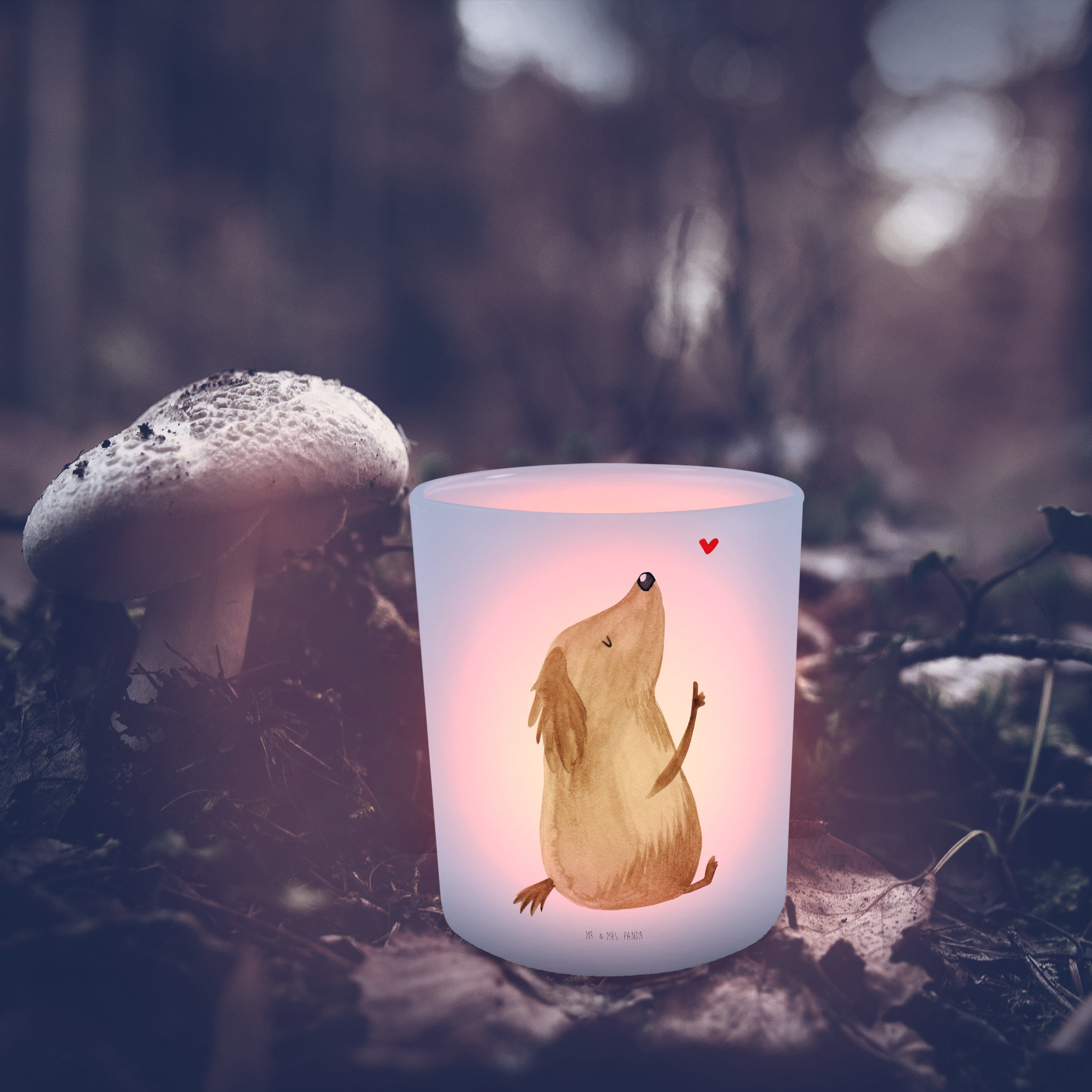 Mrs. Geschenk, Hund & Herz, - Teelichtglas, Liebe Kerze - Transparent Hunde, (1 Mr. St) Windlicht Panda