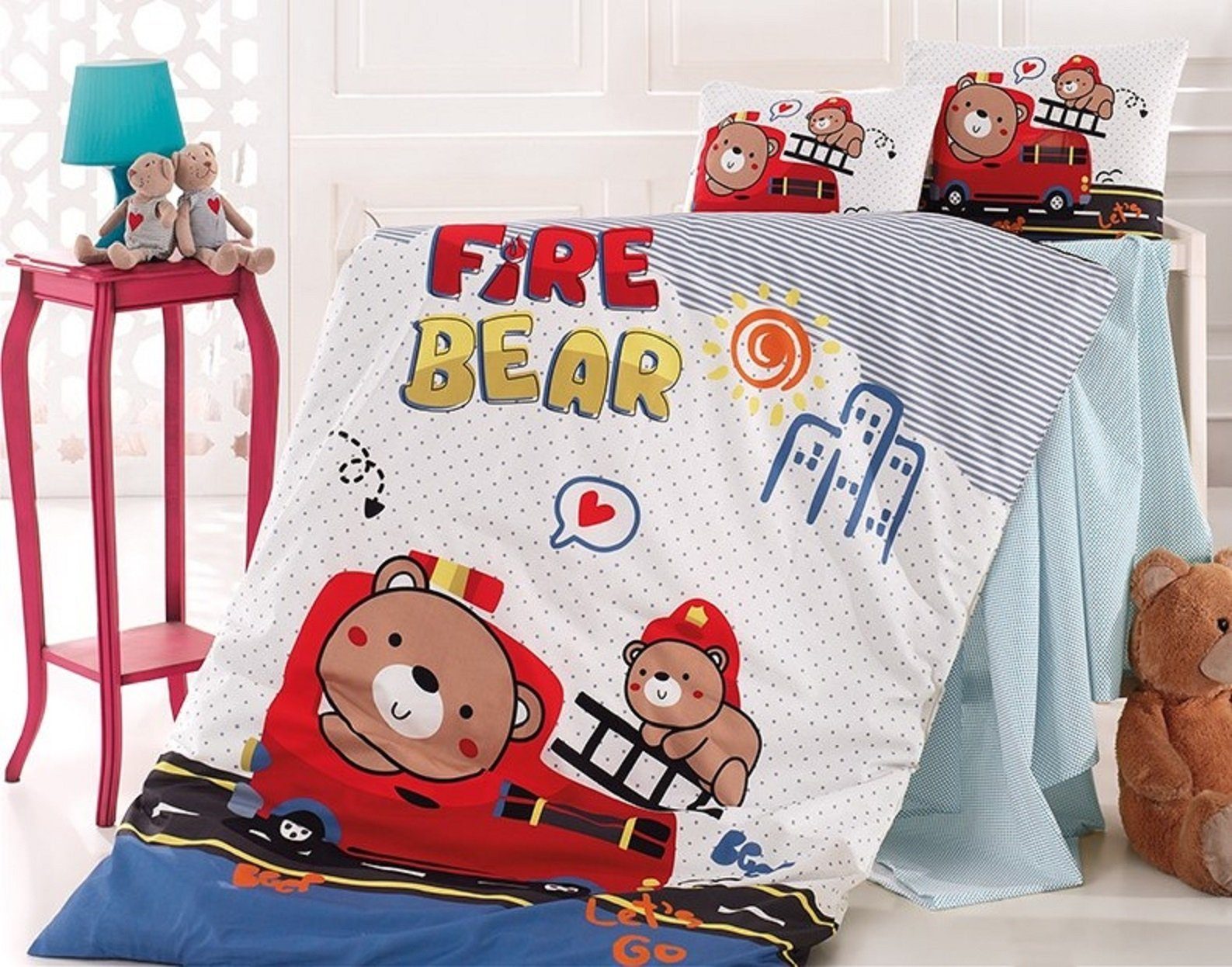 KK Shopping Babybettwäsche Feuerwehr Baby Постельное белье Wendebettwäsche Fire Bear 100 x 135 cm, 1 teilig, Langlebig