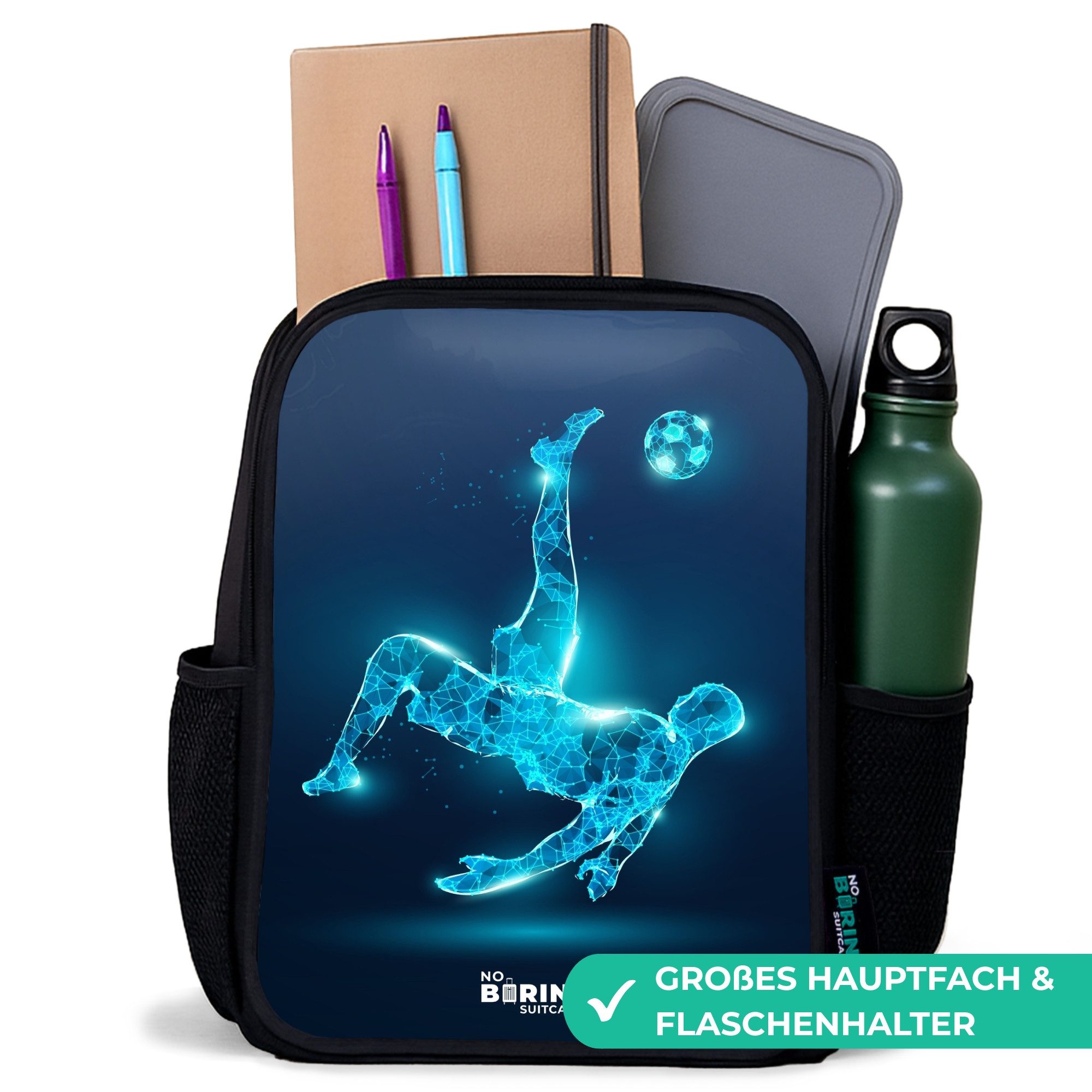 NoBoringSuitcases.com© Rucksack Schwarz - Omake in blauem Neon-Fußball, Kinderrucksack Schwarz, Schulrucksack, Freizeitrucksack Jungen Mädchen – Bild 2 von 5