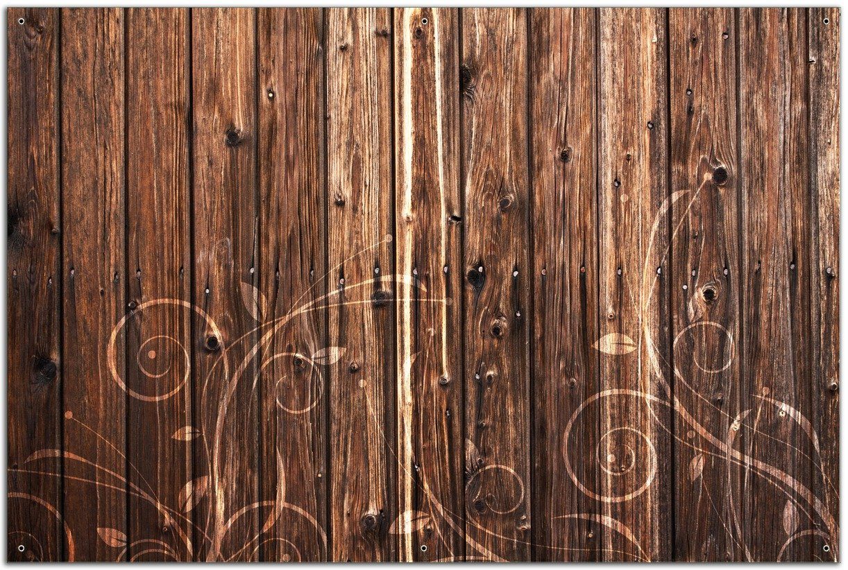 Wallario Sichtschutzzaunmatten Holz in dunkelbraun mit Blumenmuster - Schnörkel