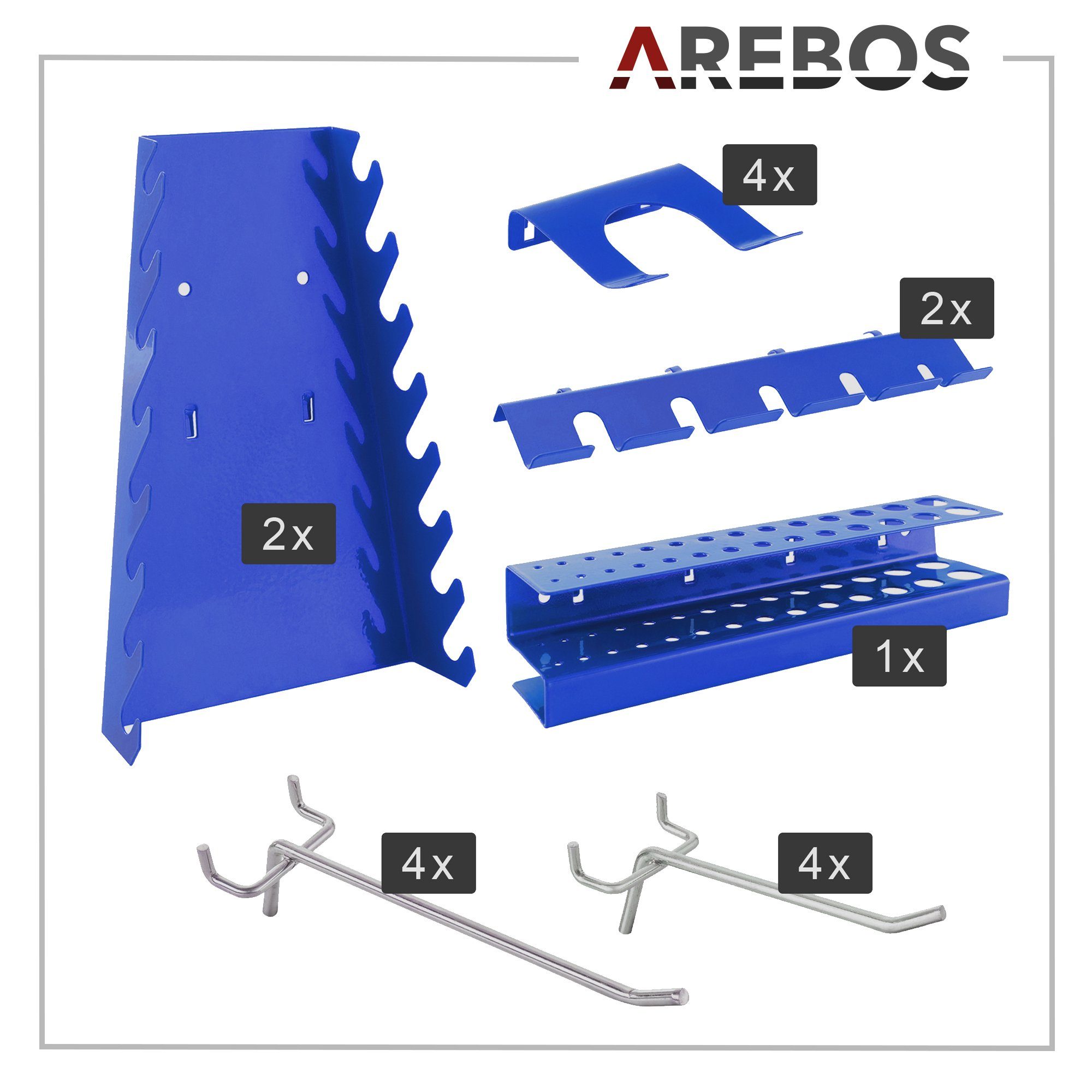 Arebos Lochwand Werkzeugwand dreiteilig, 17-teiliges Stk., Haken, mit 3 (Set) Schwarz/Blau Rot/Blau, 17 Hakenset