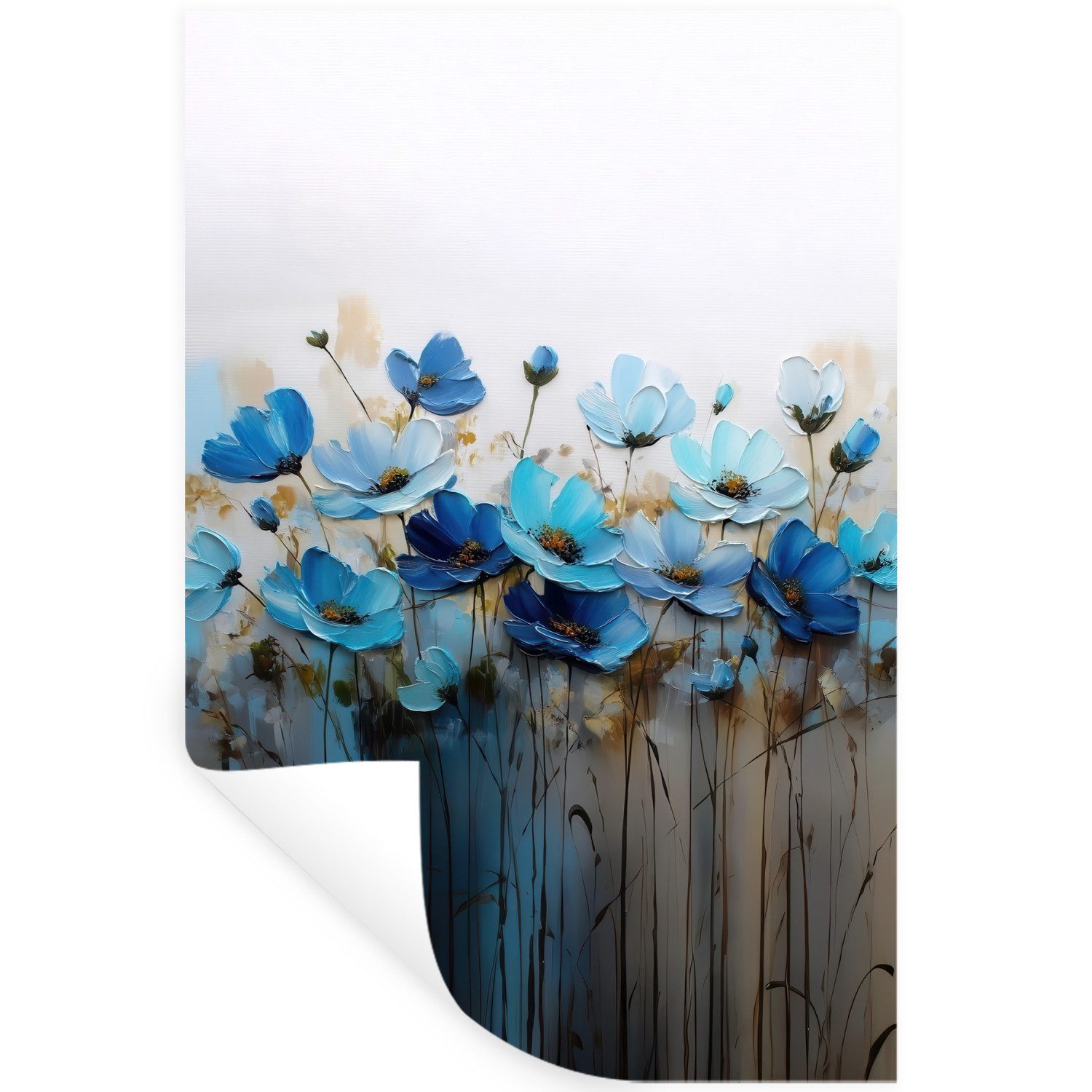 MuchoWow Wandsticker Blumen - Malerei - Blau (1 St), Wandaufkleber, Selbstklebend, Wohnzimmer, 20x30 cm