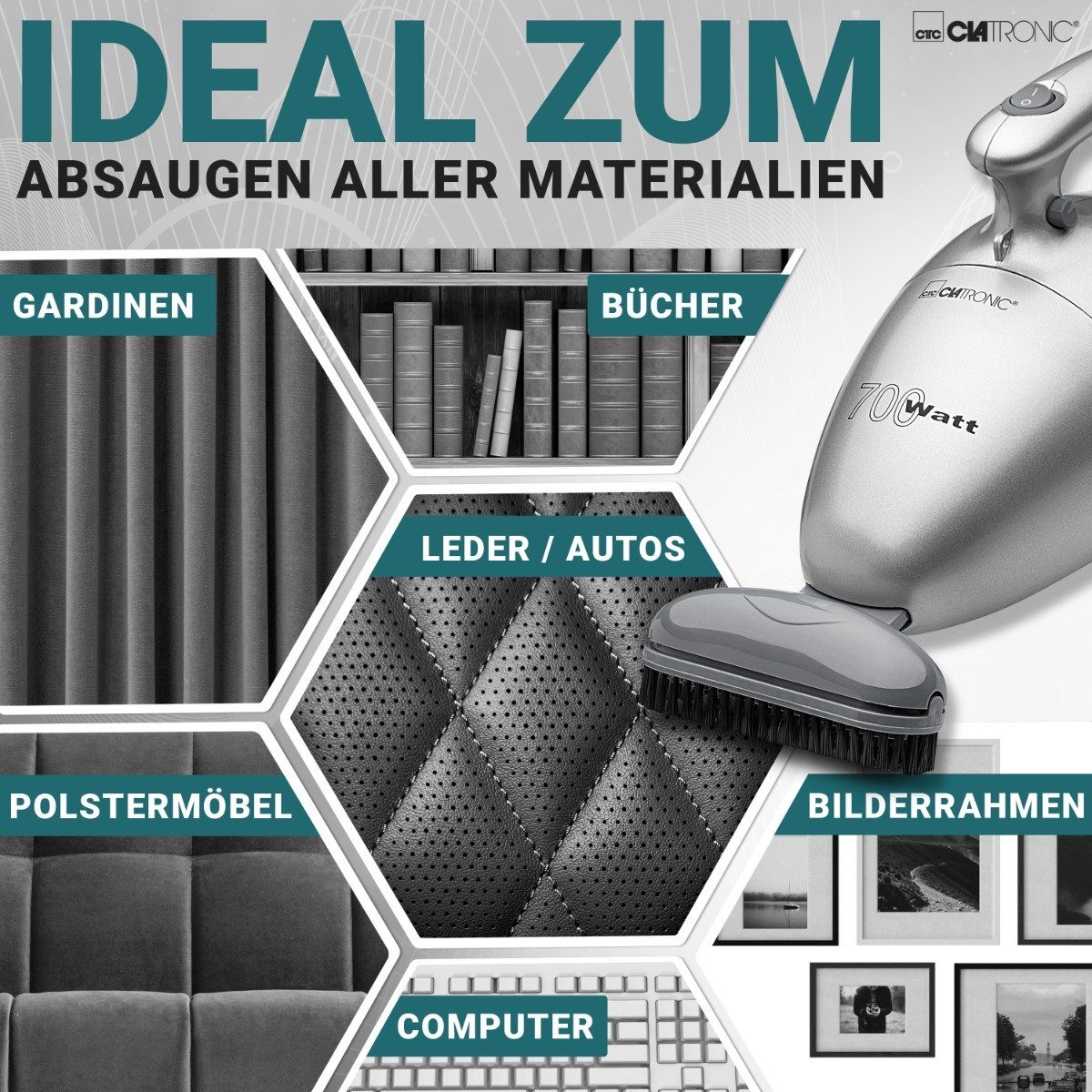 CLATRONIC Handstaubsauger HS 2631, Handstaubsauger mit 700 Watt & geringem Gewicht silberfarben
