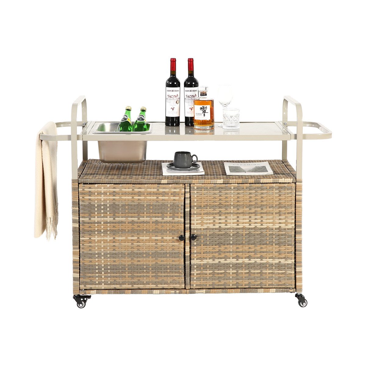 XDeer Anrichte Küchenwagen mit Schrank und Einem Eiskübel Servierwagen, Beistellwagen Barwagen für Garten Poolside Hinterhof Beige
