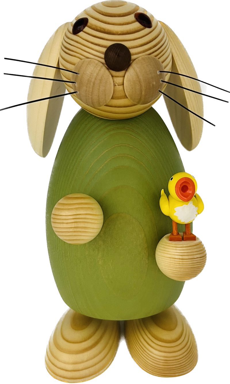 Richard Glaesser Osterhase grün mit Küken (25 cm), Hase aus Holz, Handwerkskunst aus dem Erzgebirge