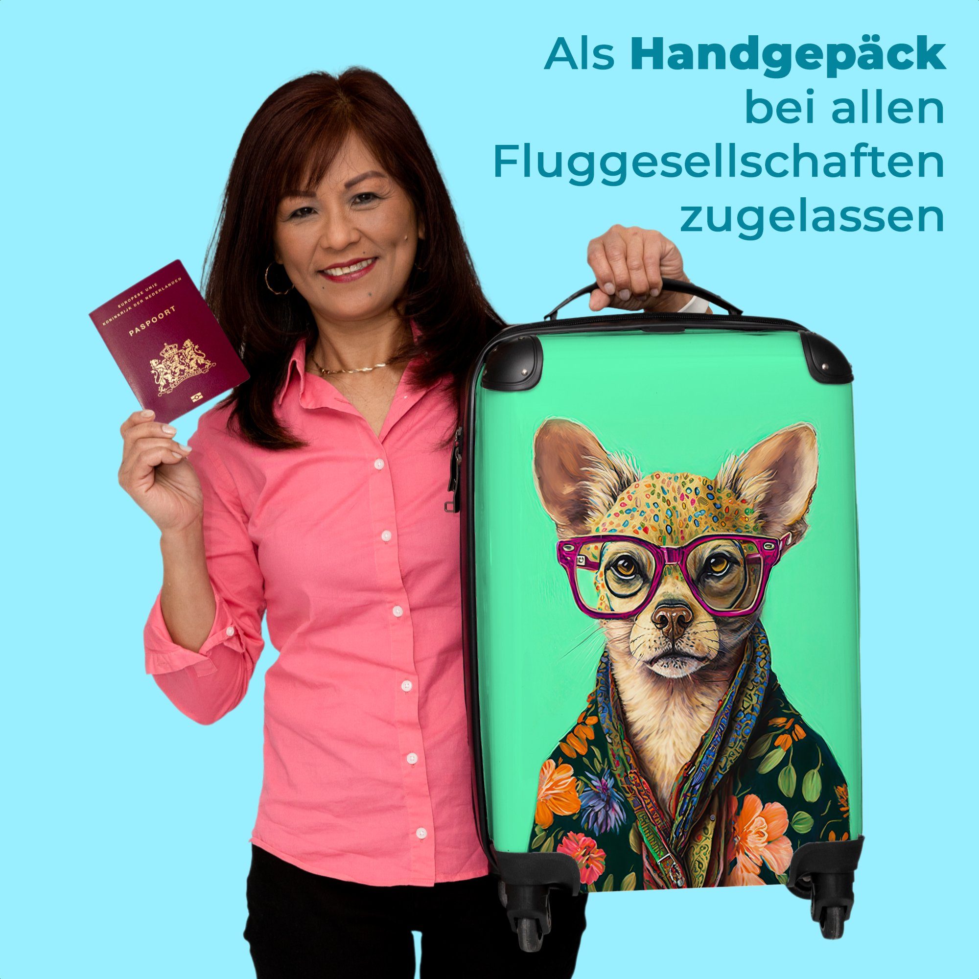 NoBoringSuitcases.com© Handgepäckkoffer 55x35x20cm Brille - - Handgepäck Cabin Tier Hund Chihuahua, Trolley mit Rollkoffer Reisekoffer Rollen, - - Rollen - 4 Kleine 4 Blumen