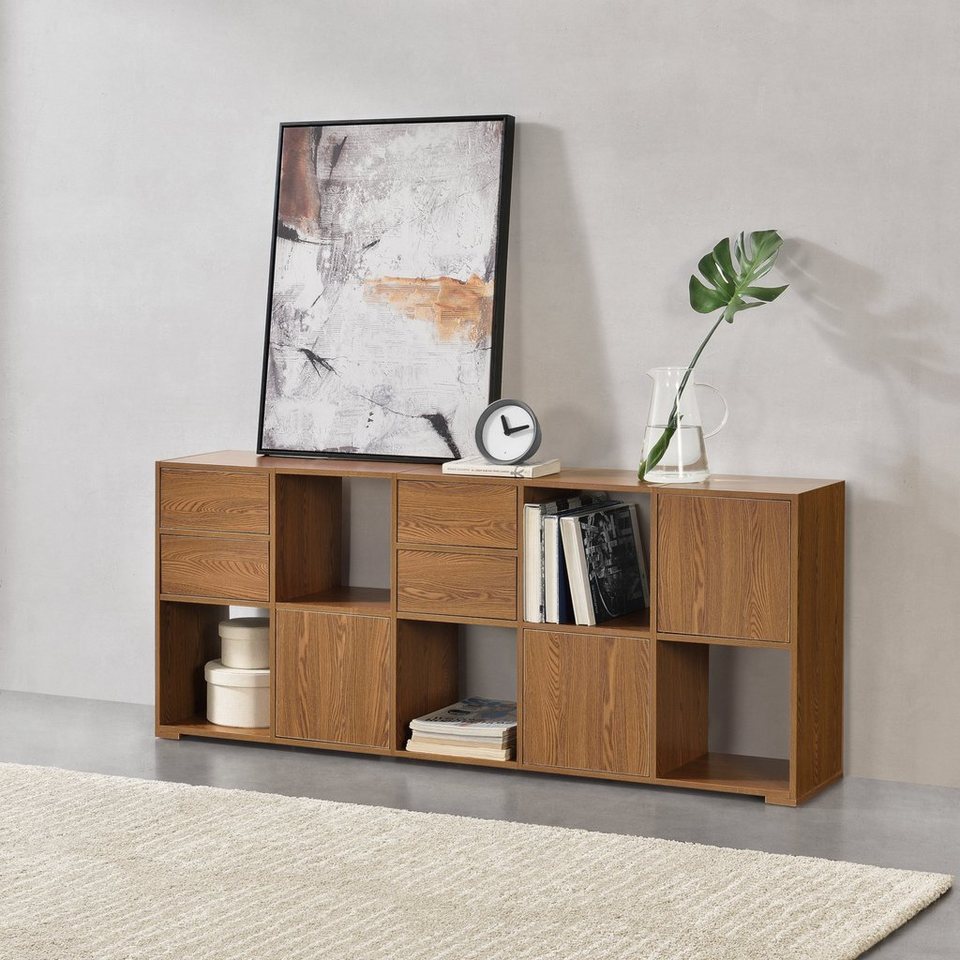 en.casa Konsole, »Köping« Sideboard 145x28x60 cm mit 5 Fächern Dunkler  Holzton