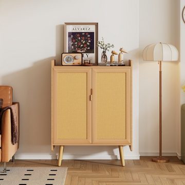 REDOM Sideboard Schuhschrank aus Holz mit 2 Türen und Rattan (mit Metallgriffen und Massivholzfüßen)