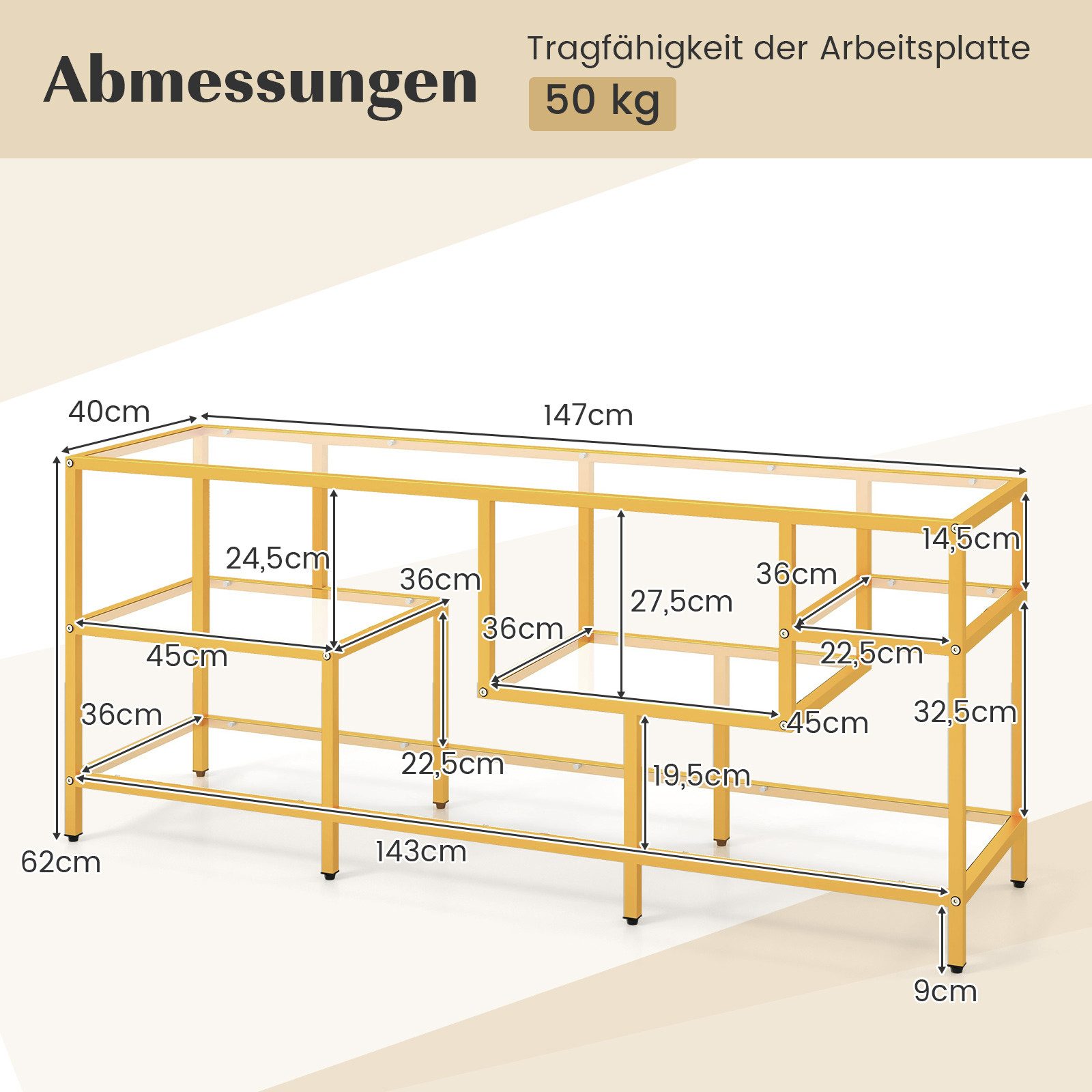 COSTWAY TV-Schrank Konsolentisch mit gehärteten Glasregalen, Gold, 147cm