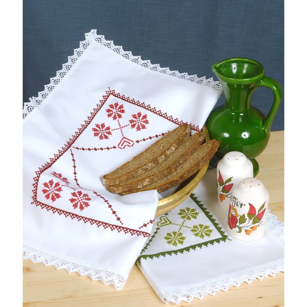 Hofer Kreativset Bestickbare Brotkorbdecke mit Spitze & Aida-Feld (45x45 cm) – Weiß, (embroidery kit by Marussia)