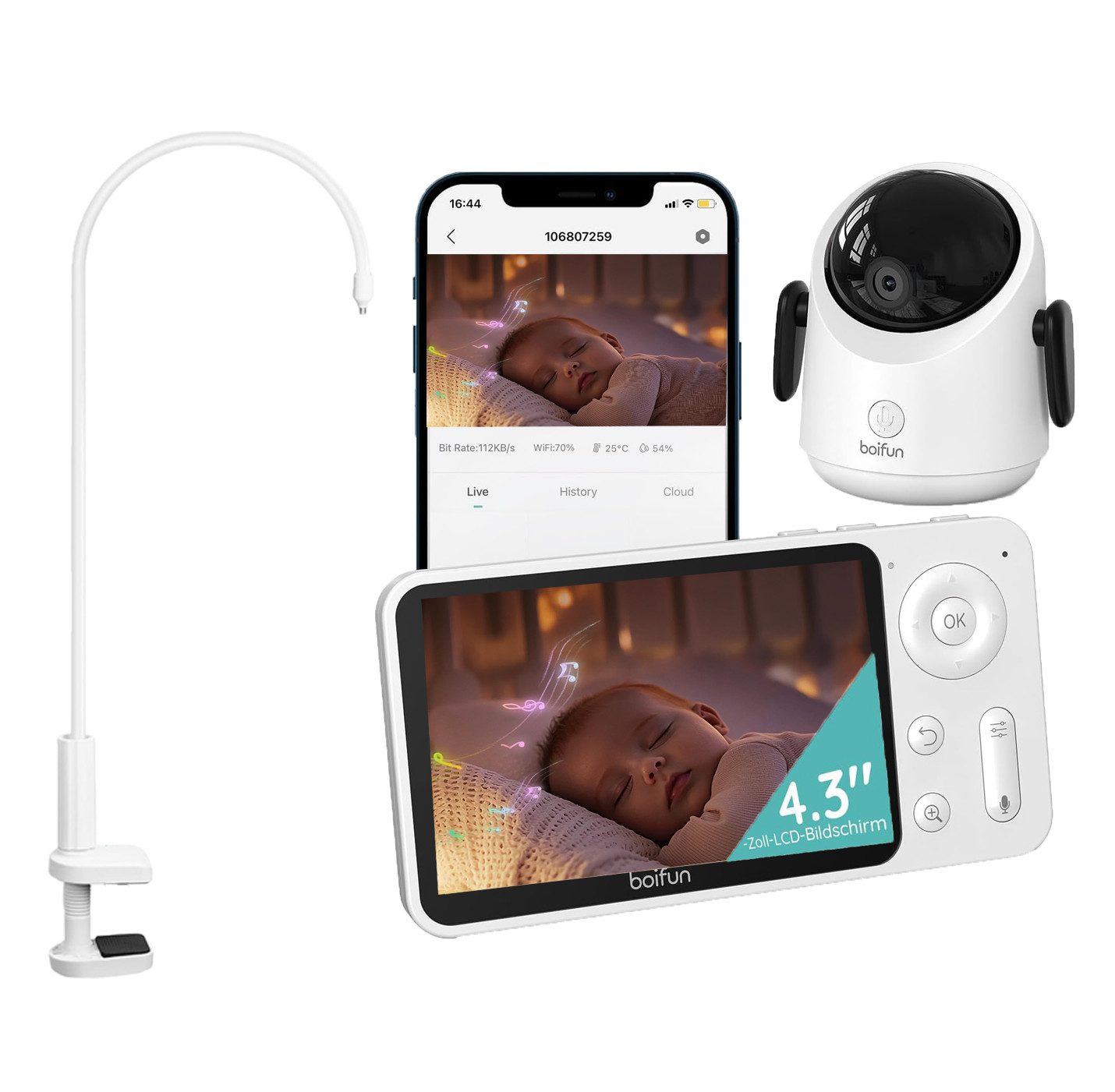 Video-Babyphone WLAN Babyphone mit Kamera 4,3” 2MP Kamera App-Steuerung mit Halterung