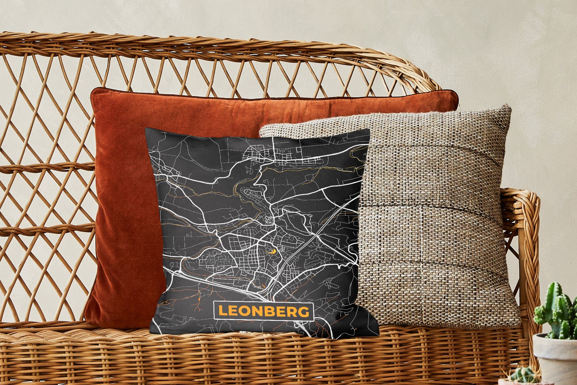 Stadtplan Deko, Dekokissen - Deutschland Schlafzimmer, - Karte Leonberg, Gold mit Füllung - Sofakissen für Wohzimmer, - Zierkissen MuchoWow