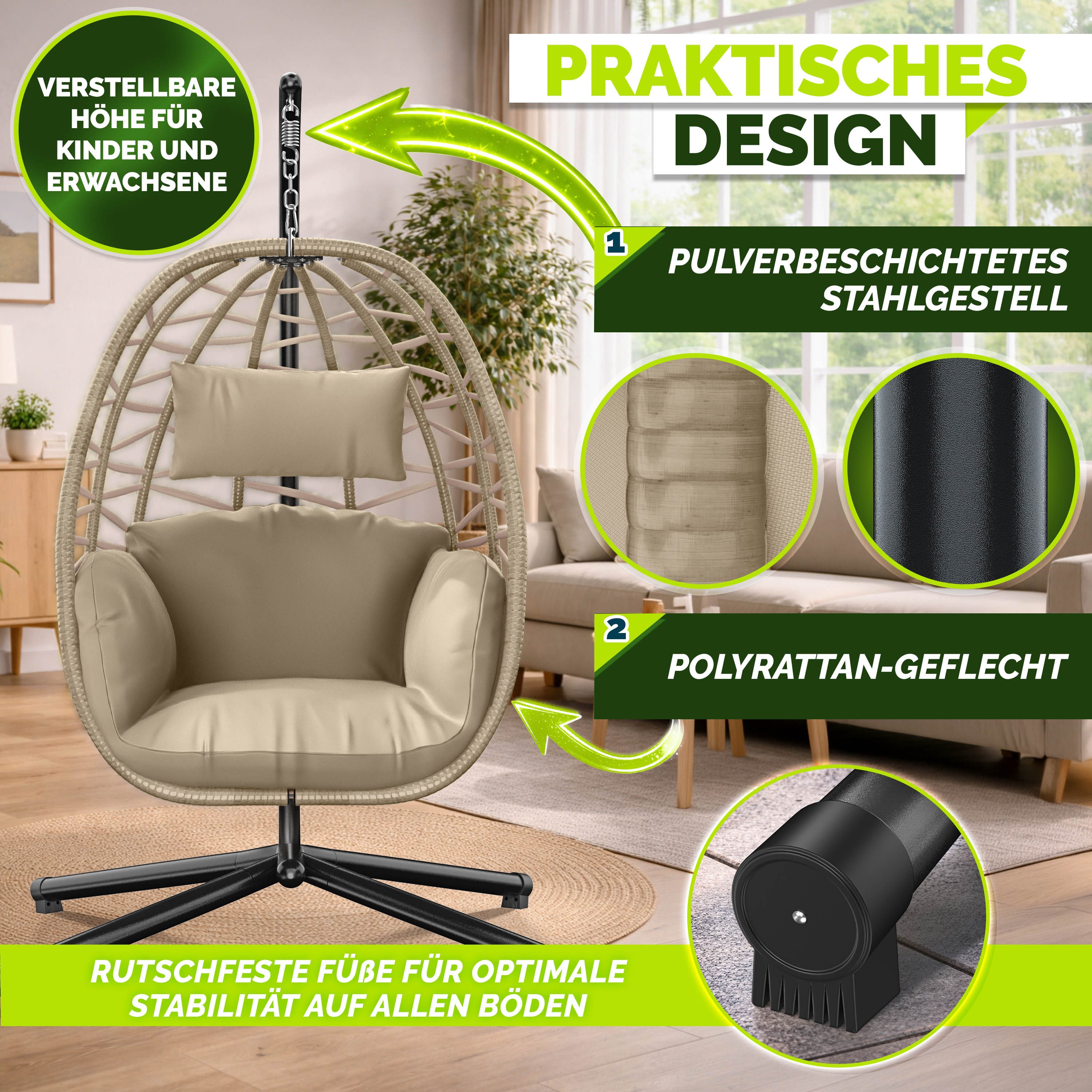 tillvex Hängesessel tillvex® Swivo Hängesessel mit Gestell inkl. wetterfester Abdeckung (Hängekorb klappbar bis 150 kg, Hängesitz aus Rattan, Hängestuhl für Ind – Bild 5 von 5