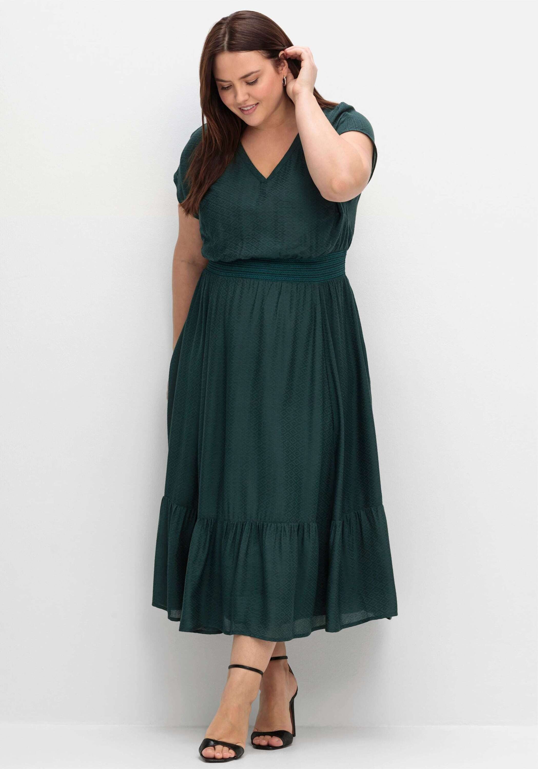 Sheego Etuikleid Maxikleid Kurzarm mit Smokbund und Volant am Saum