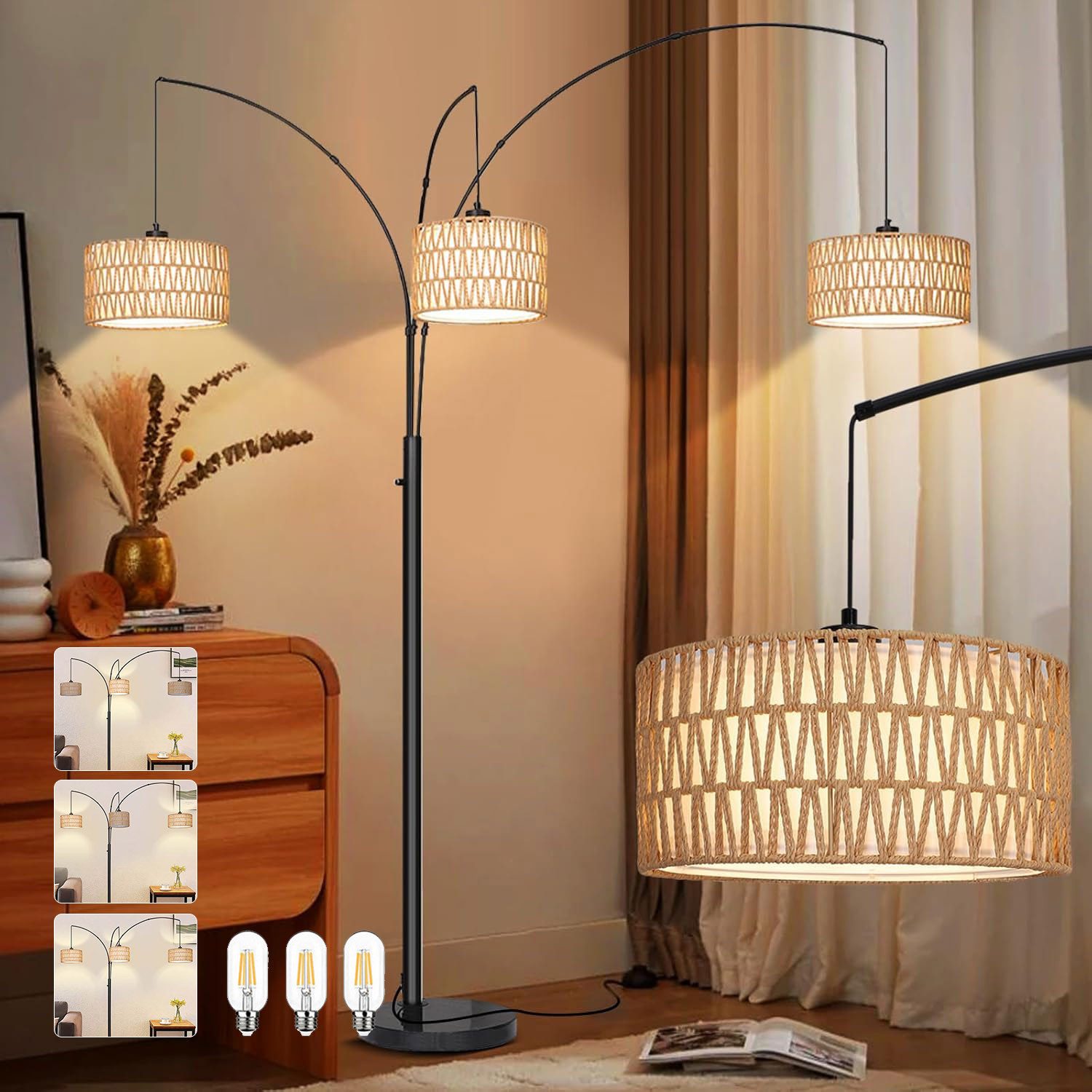LMaxhome LED Stehlampe Boho Stehleuchte Rattan Drehknopfschalter Steh-Eckla günstig online kaufen
