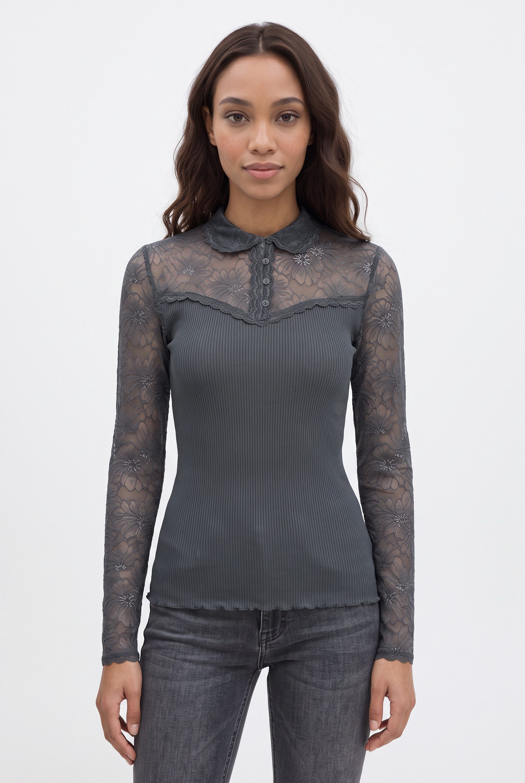 rosemunde Langarmshirt Beatha lace shirt Langarm, mit Polokragen und Knöpfen, mit Spitze, Seidenmix