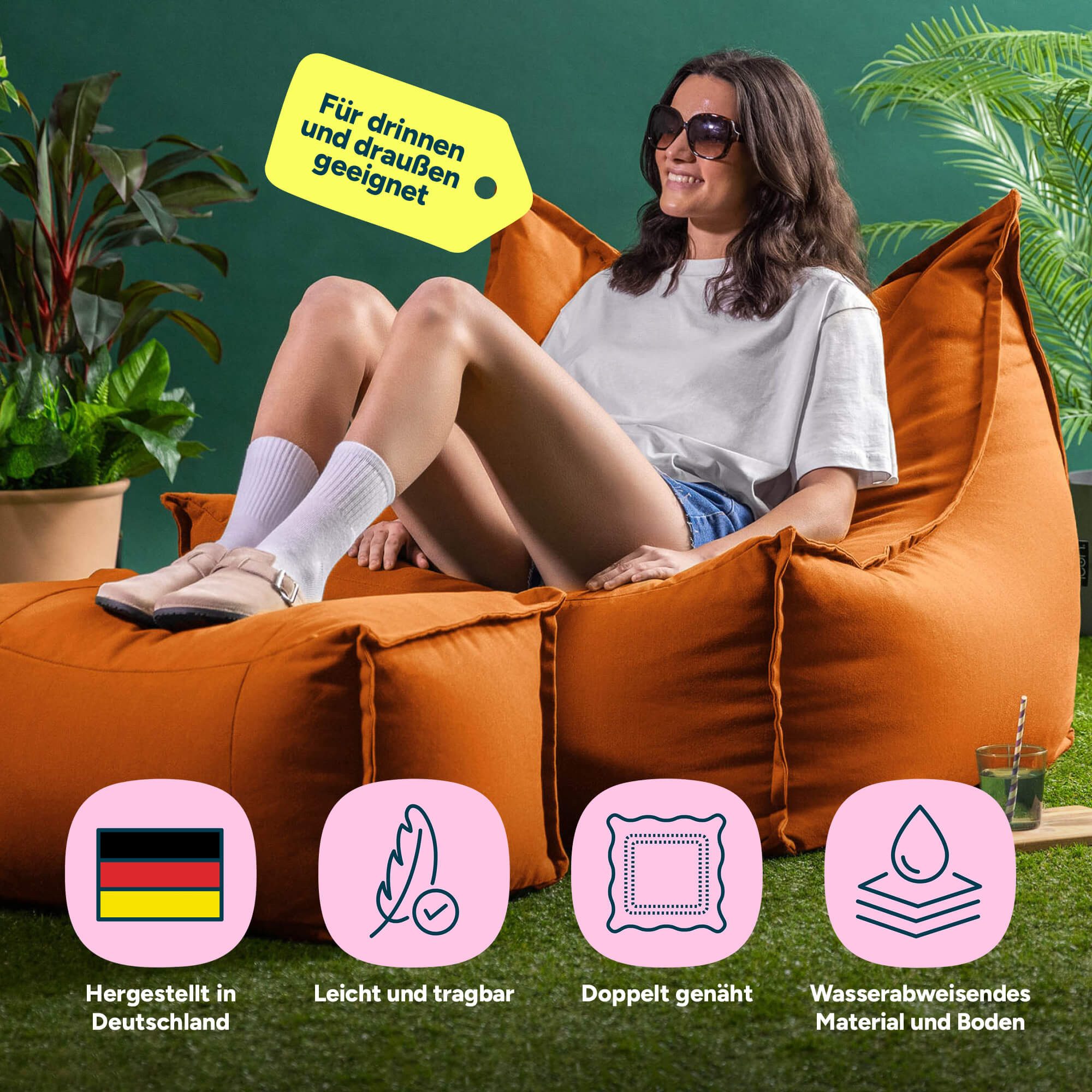icon Sitzsack Erwachsene Outdoor Sessel und Fußhocker aus Olefin „Alto" (Spar-Set, 1 x Sitzsack-Sessel, 1 x Fußhocker), Sitzsack XXL, Made in Germany, für Erwachsene & Kinder, mit Füllung