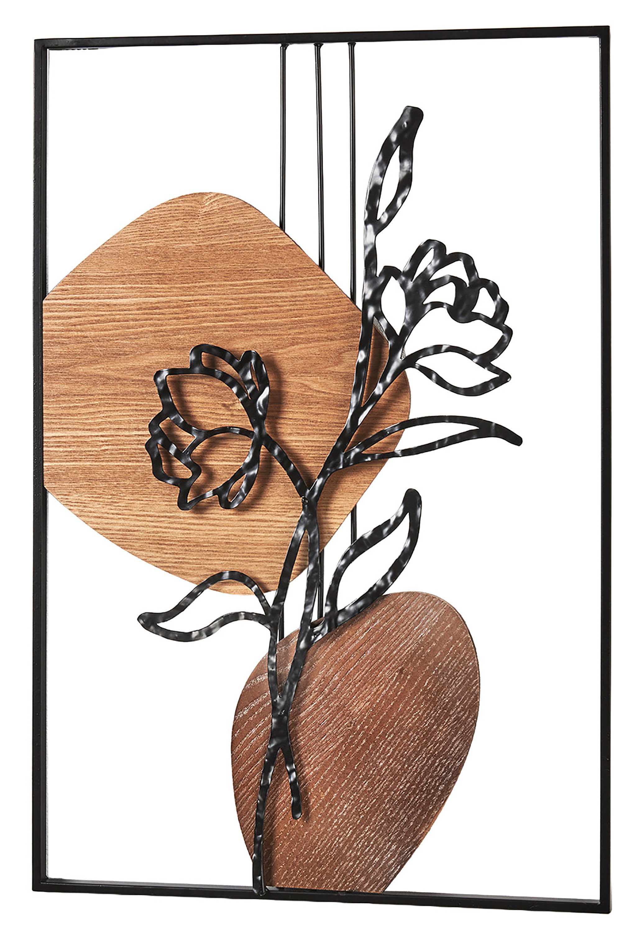 Kobolo Wandbild Metallbild ZEN aus Metall und Holz, Wanddeko Wohndekoration, Blumen, Holz und Metall