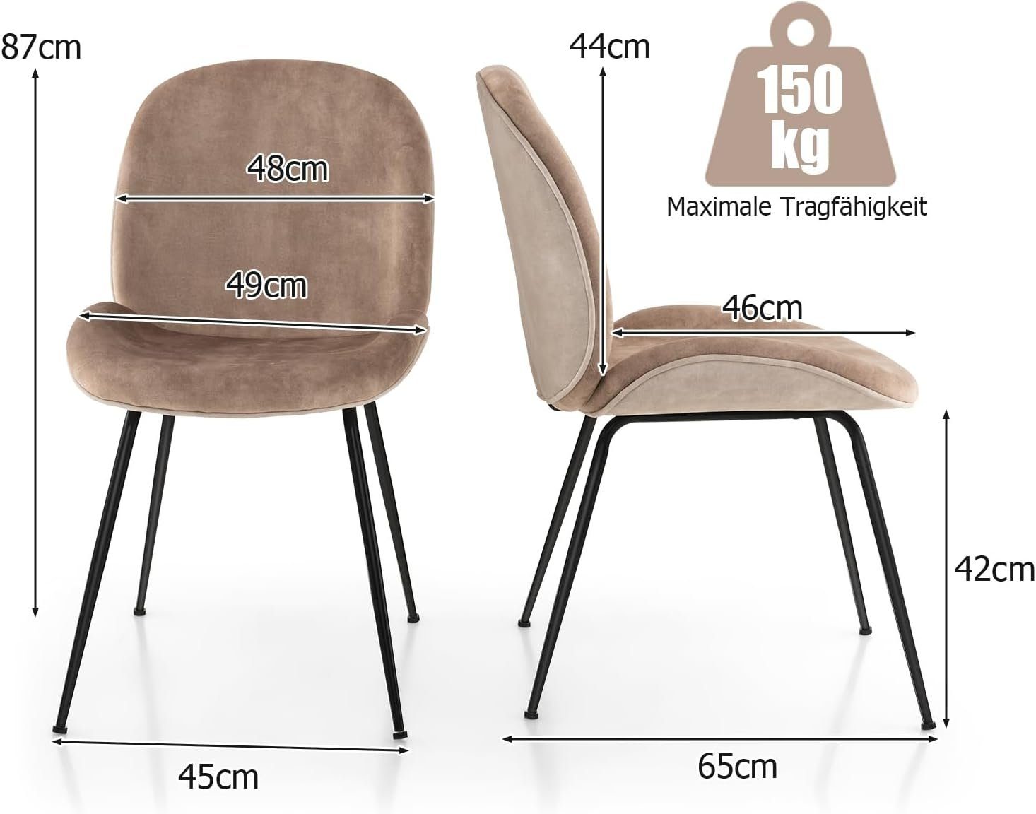 KOMFOTTEU Esszimmerstuhl Küchenstuhl (2er Set), aus Samt Metall,bis 150 kg belastbar