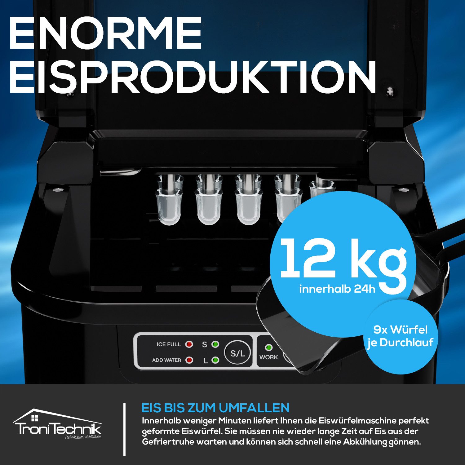 TroniTechnik Eiswürfelmaschine Ice Maker Eiswürfelbereiter inkl. Schaufel, Behälter, 2,2 Liter Wassertank, 12kg/24h, Würfelgrößen S/L, 150W, schwarz – Bild 4 von 5