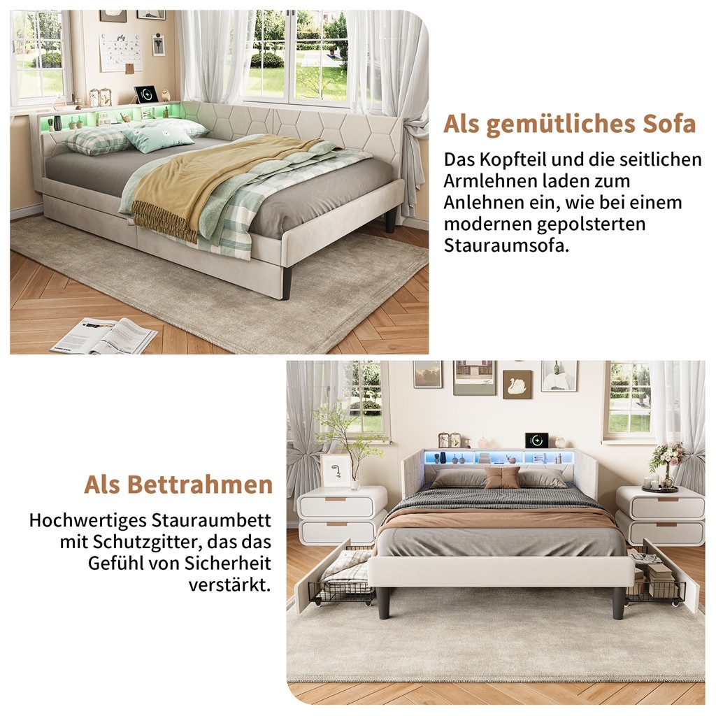 Simurq Polsterbett Daybett mit LED-Beleuchtung und USB, Schlafsofa Tagesbett Jugendbett (1 tlg, ohne Matratze), Sofabett, Doppelbett mit Lattenrost, Samtstoff,  – Bild 3 von 5
