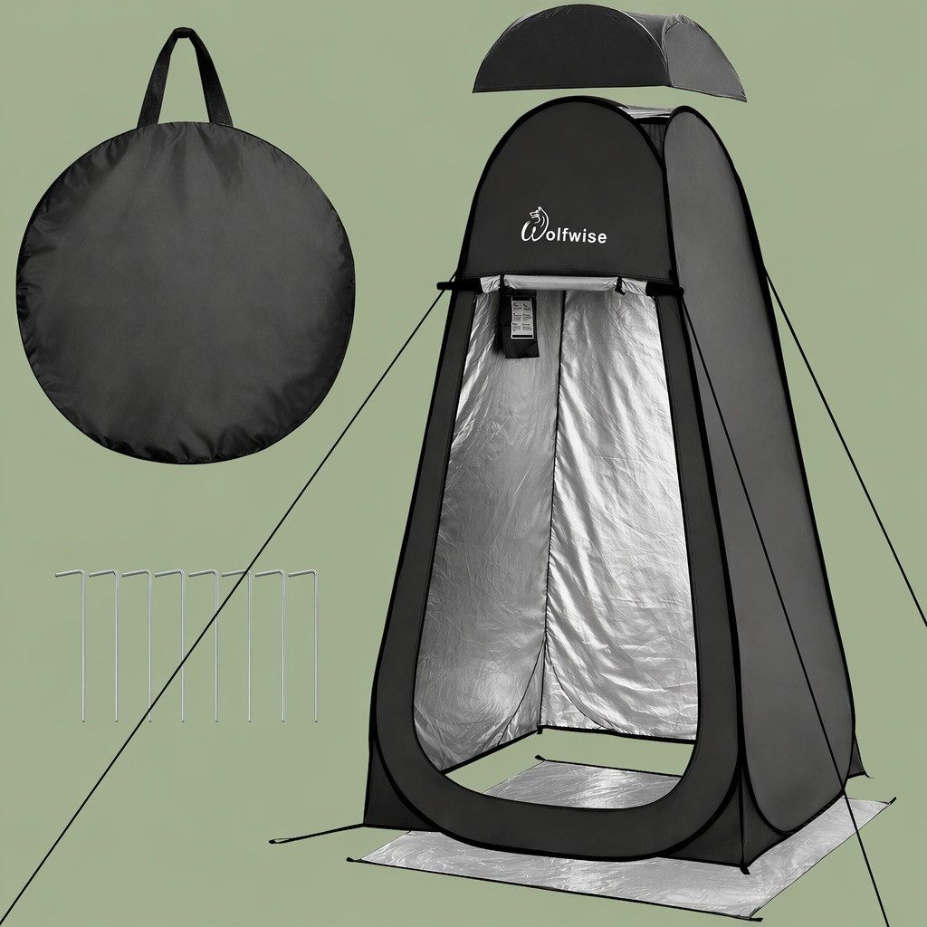 Wolfwise Faltzelt Pop-Up Duschzelt Camping & Umkleidezelt mit Boden – Silberbeschichtet, Personen: 1