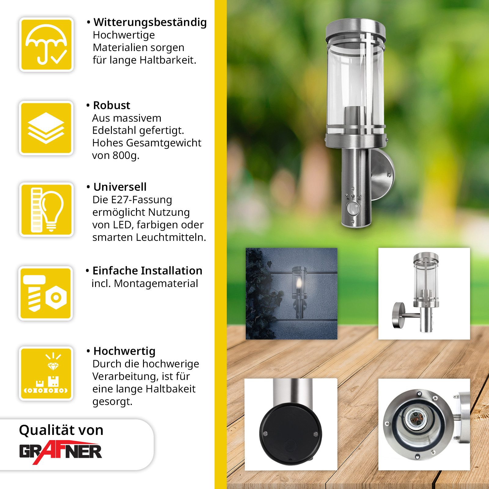 Grafner Außen-Wandleuchte Wandlampe Bewegungsmelder Edelstahl Wandleuchte H günstig online kaufen