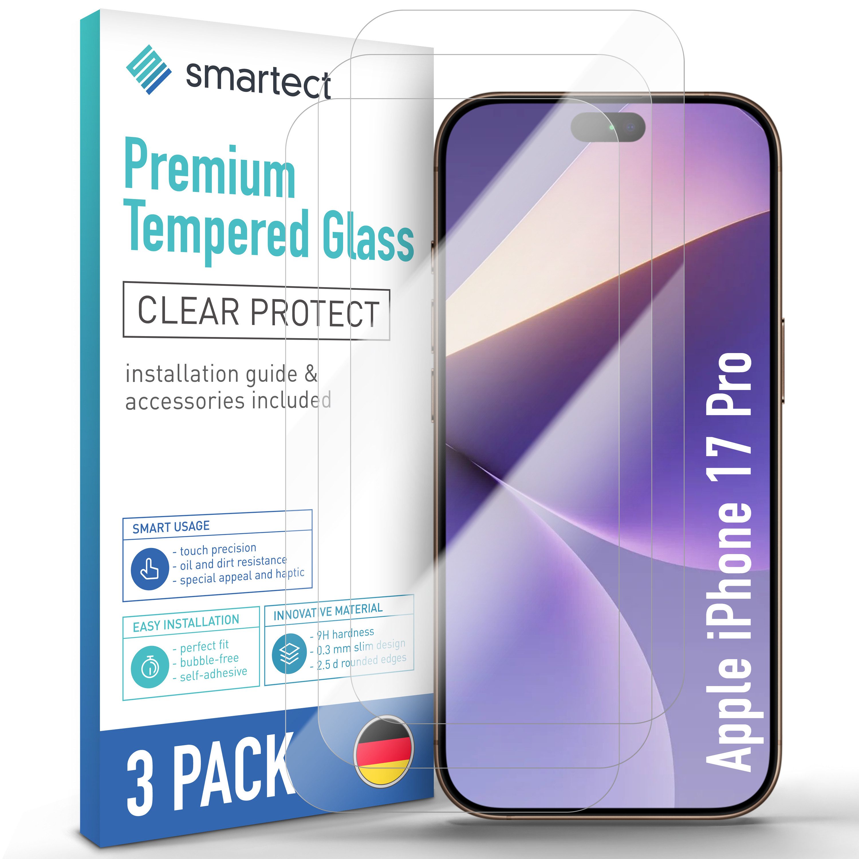 smartect Displayschutzglas Schutzglas Panzerfolie Klar für iPhone 17 Pro, Set, 3 Stück, Schutzfolie Glasschutz Bildschirm