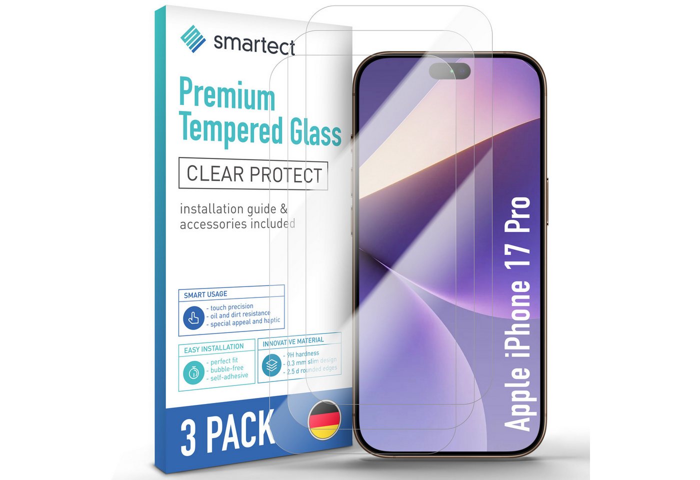 smartect Displayschutzglas 3X Schutzglas Panzerfolie Klar für iPhone 17 Pro für Apple iPhone 17 Pro, Set, 3 Stück, 0.3 mm Ultra-klar, 9H Härte, Kratzfest, Stoßfest, Blasenfrei, Oleophob