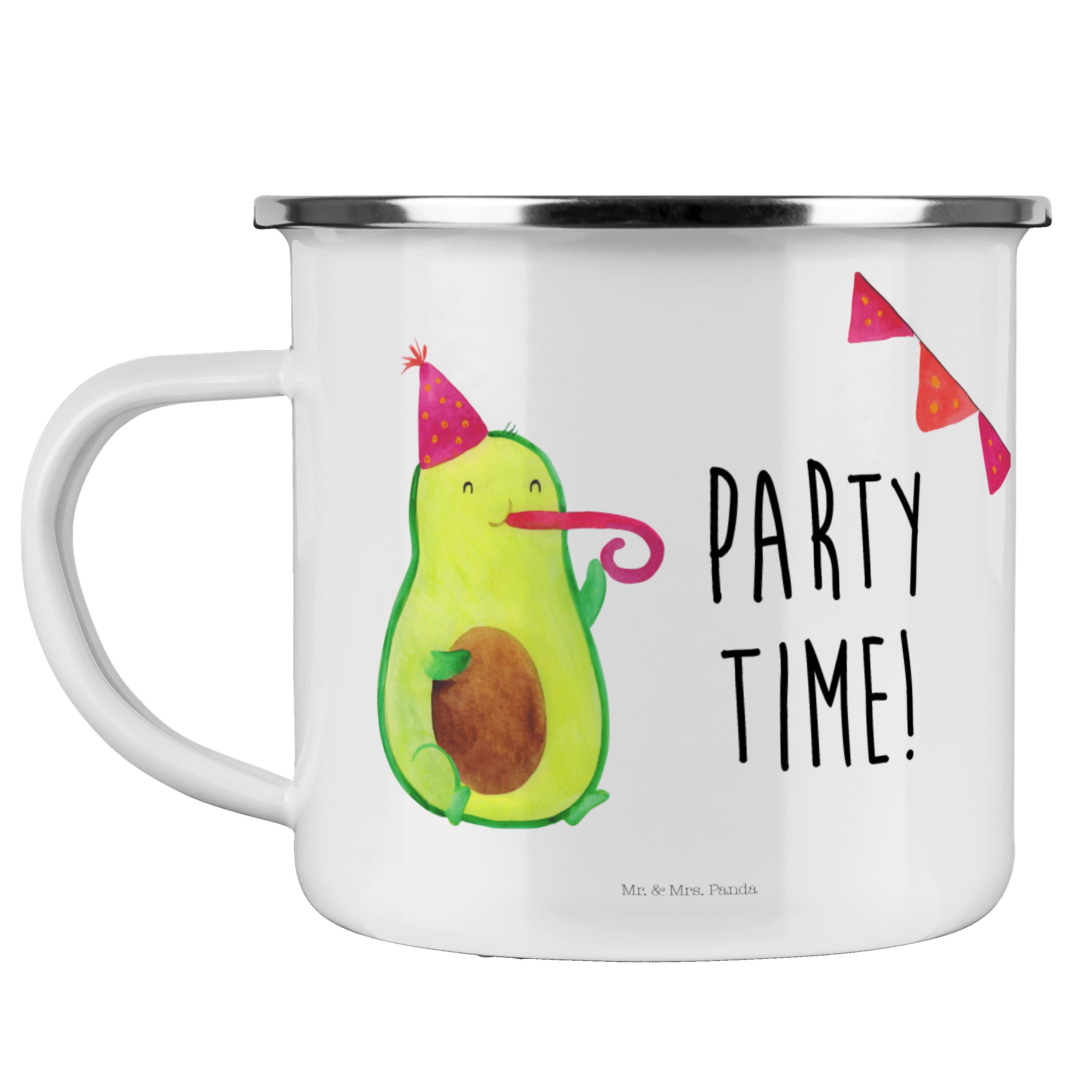 Mr. & Mrs. Panda Becher Avocado Party Time - Weiß - Geschenk, Emaille Trinkbecher, Camping Ta, Emaille