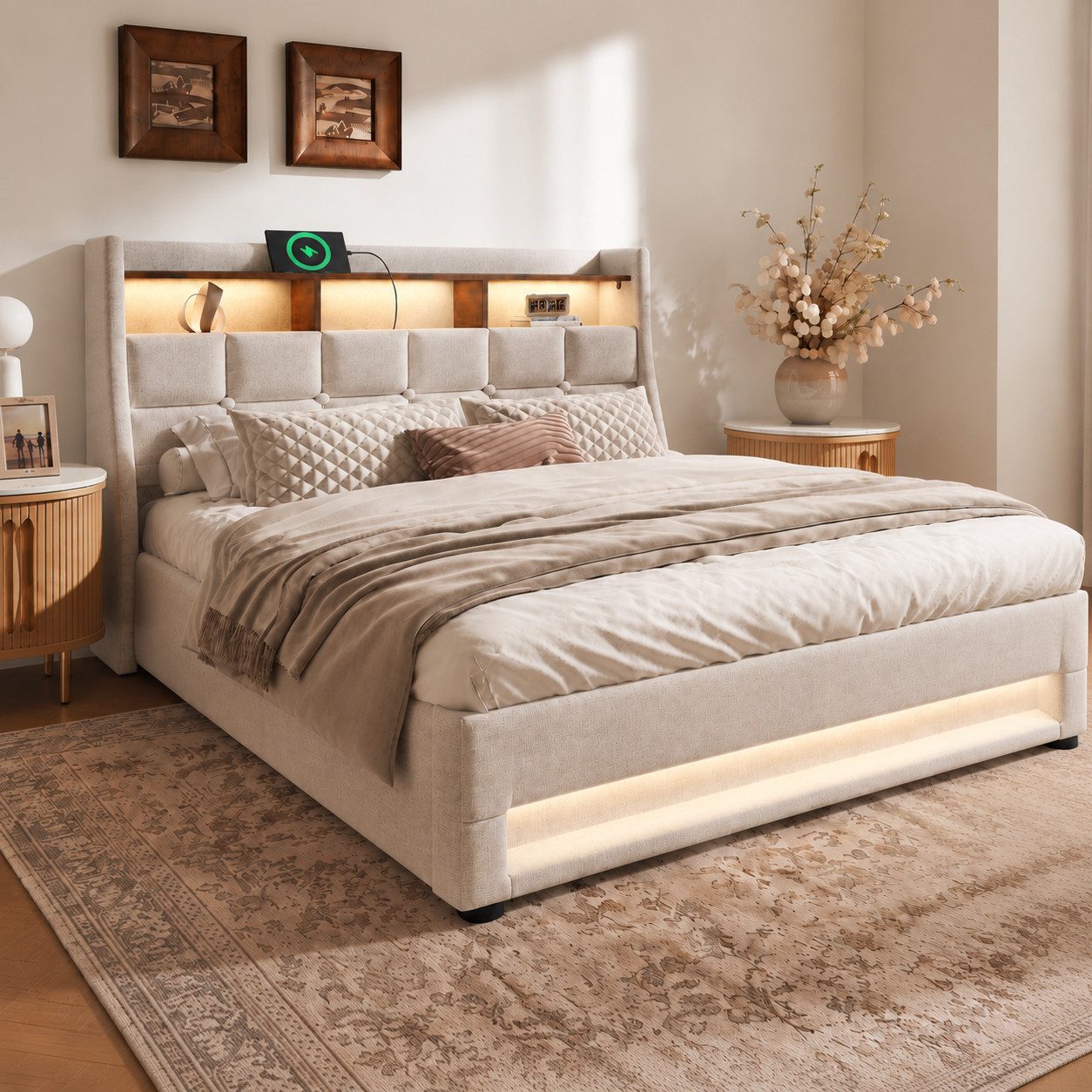 Flieks Polsterbett, Baumwolle-Leinen Bezug Stauraumbett mit USB-Anschluss + LED 180x200cm