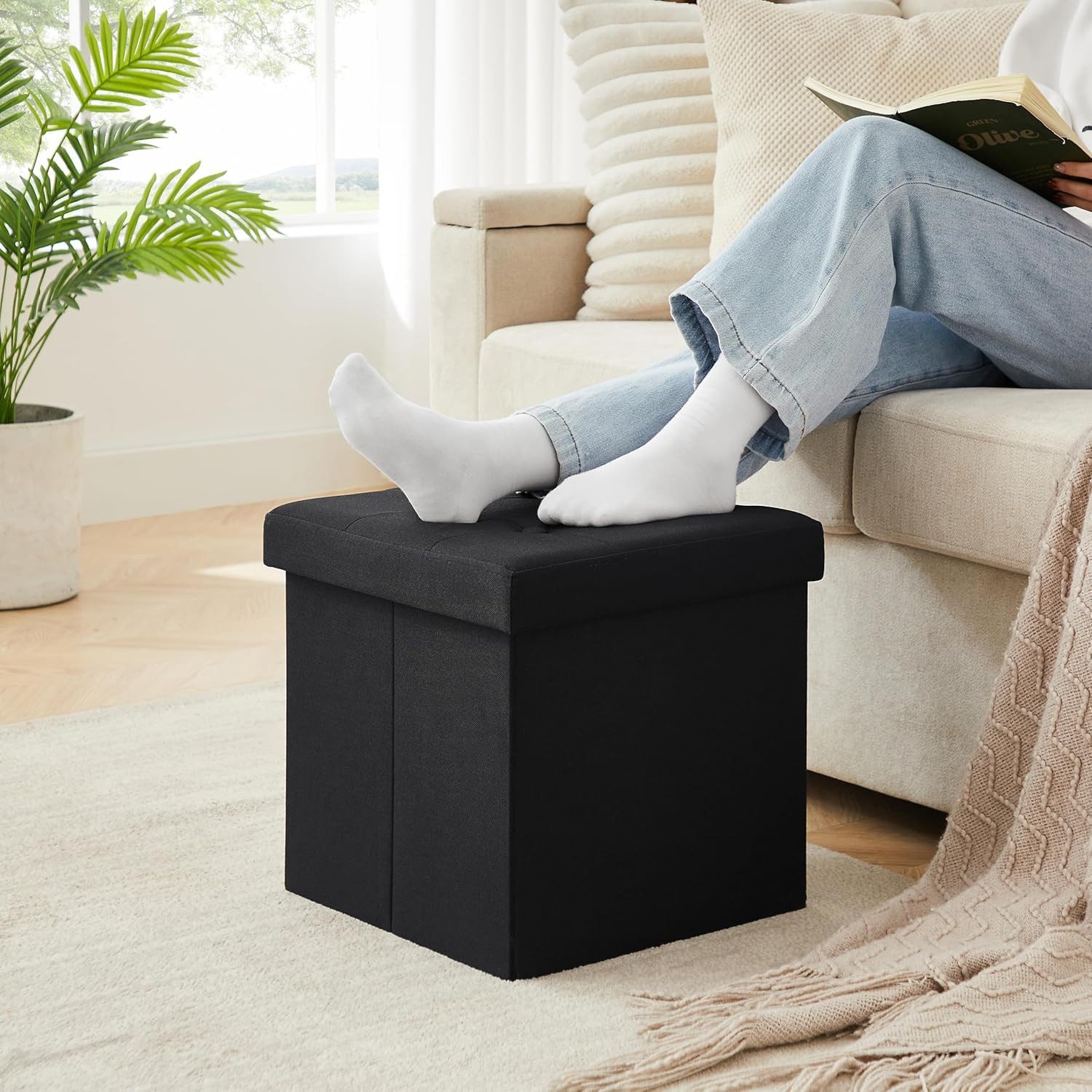 Zedelmaier Sitzbank mit Stauraum Fußbank klappbare Aufbewahrungsbox aus Leinen, belastbar bis 300 kg, als Fußbank, Nachttisch oder Sitzwürfel – Bild 2 von 5