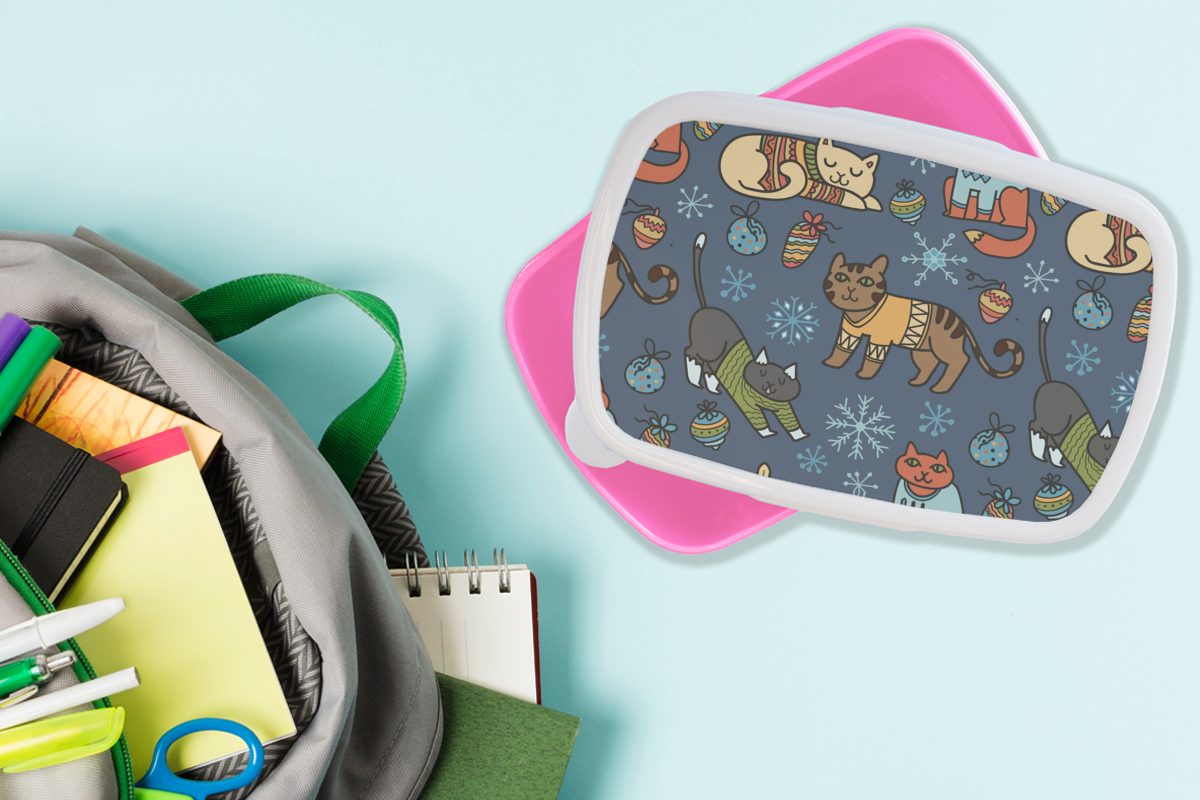 rosa Brotdose Mädchen, Brotbox - Muster, (2-tlg), Snackbox, Erwachsene, Kunststoff Weihnachten - Tiere Katze - Kunststoff, für MuchoWow Lunchbox Kinder,