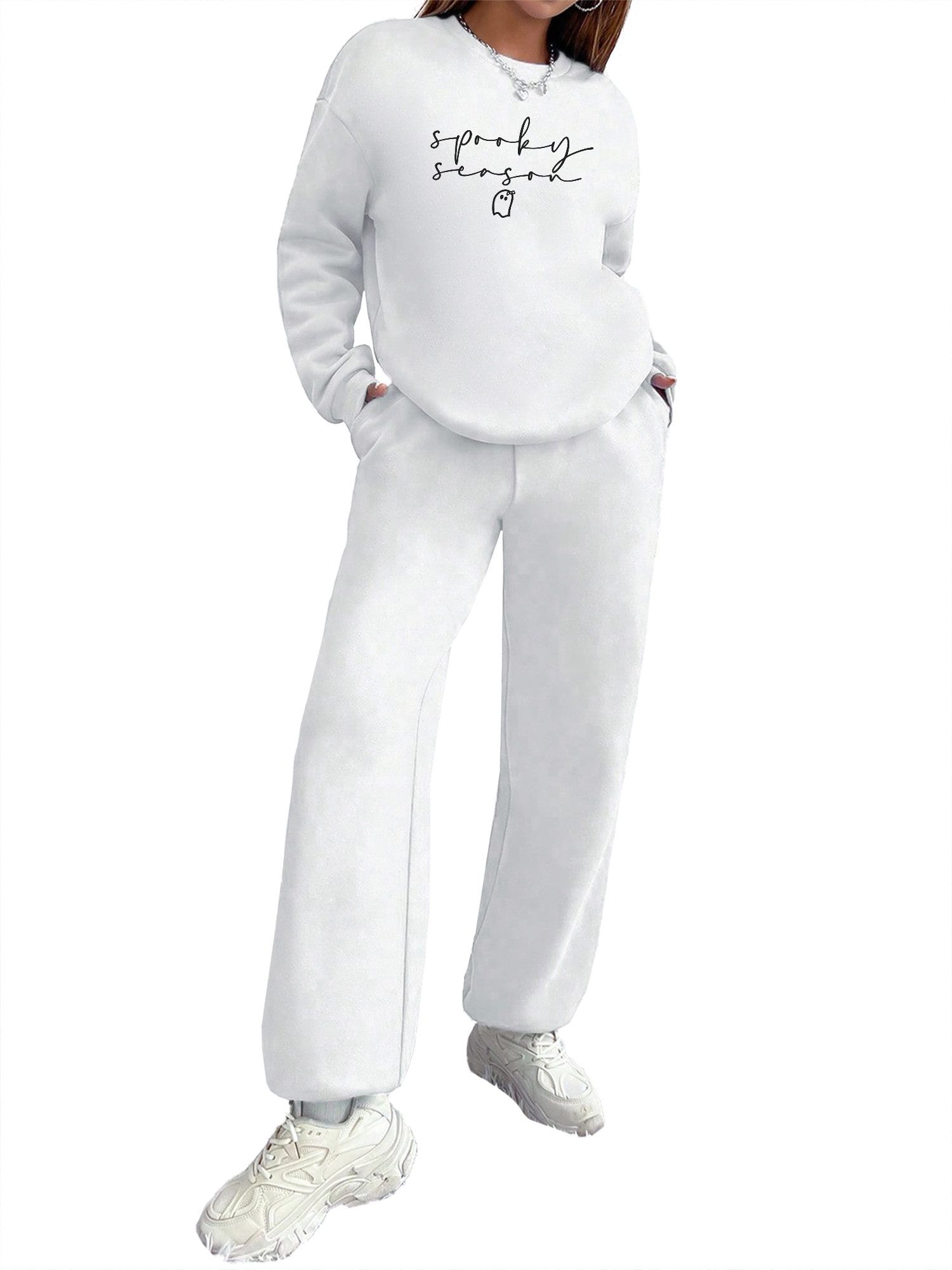 PYLIKE Jogginganzug Damen 2-teiliges Jogging-Set (SET, Sweatshirt & Jogger), Oversized Rundhals Print Sweatshirt & Jogginghose mit Taschen