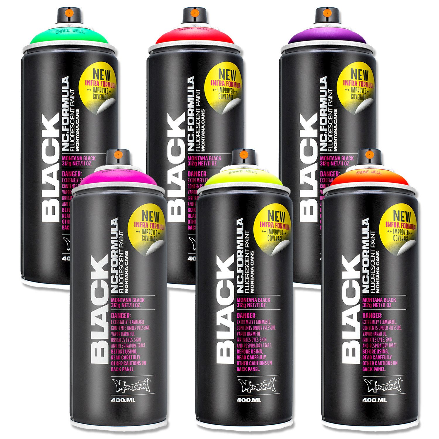 Montana Cans Sprühlack Neon UV Sprühlack Set, 6 fluoreszierende Farben, Montana BLACK INFRA