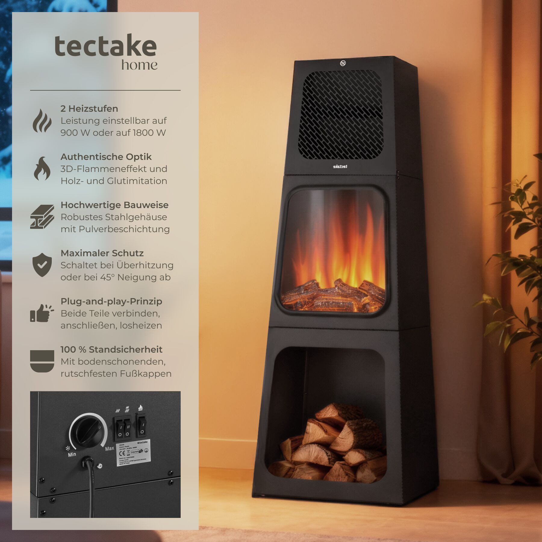 tectake Elektrokamin Soleil, 2 Leistungsstufen mit 900 W und 1800 W günstig online kaufen