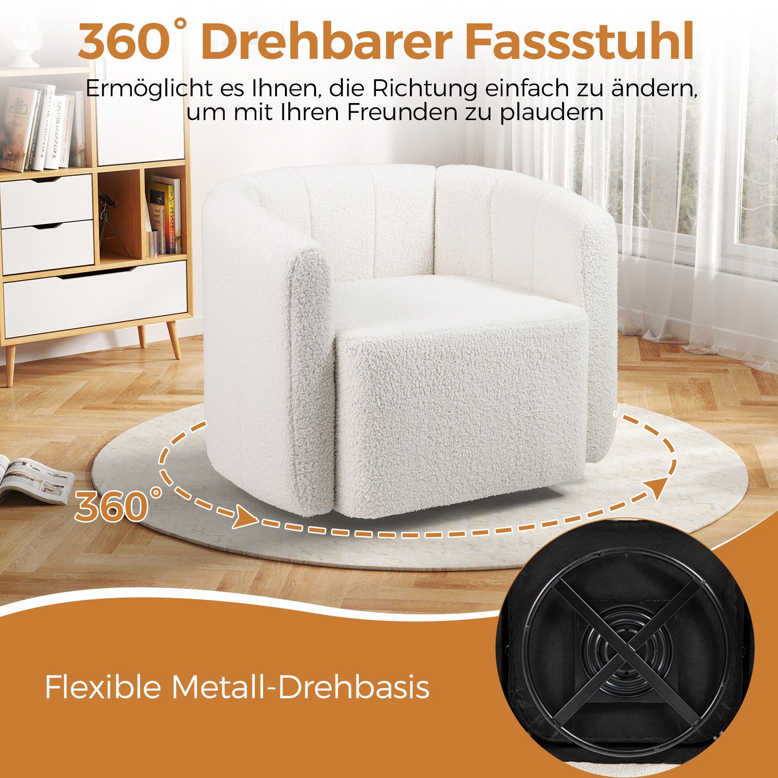 COSTWAY Relaxsessel, Drehsessel mit breiter Sitzfläche & 360° drehbarem Metallfuß