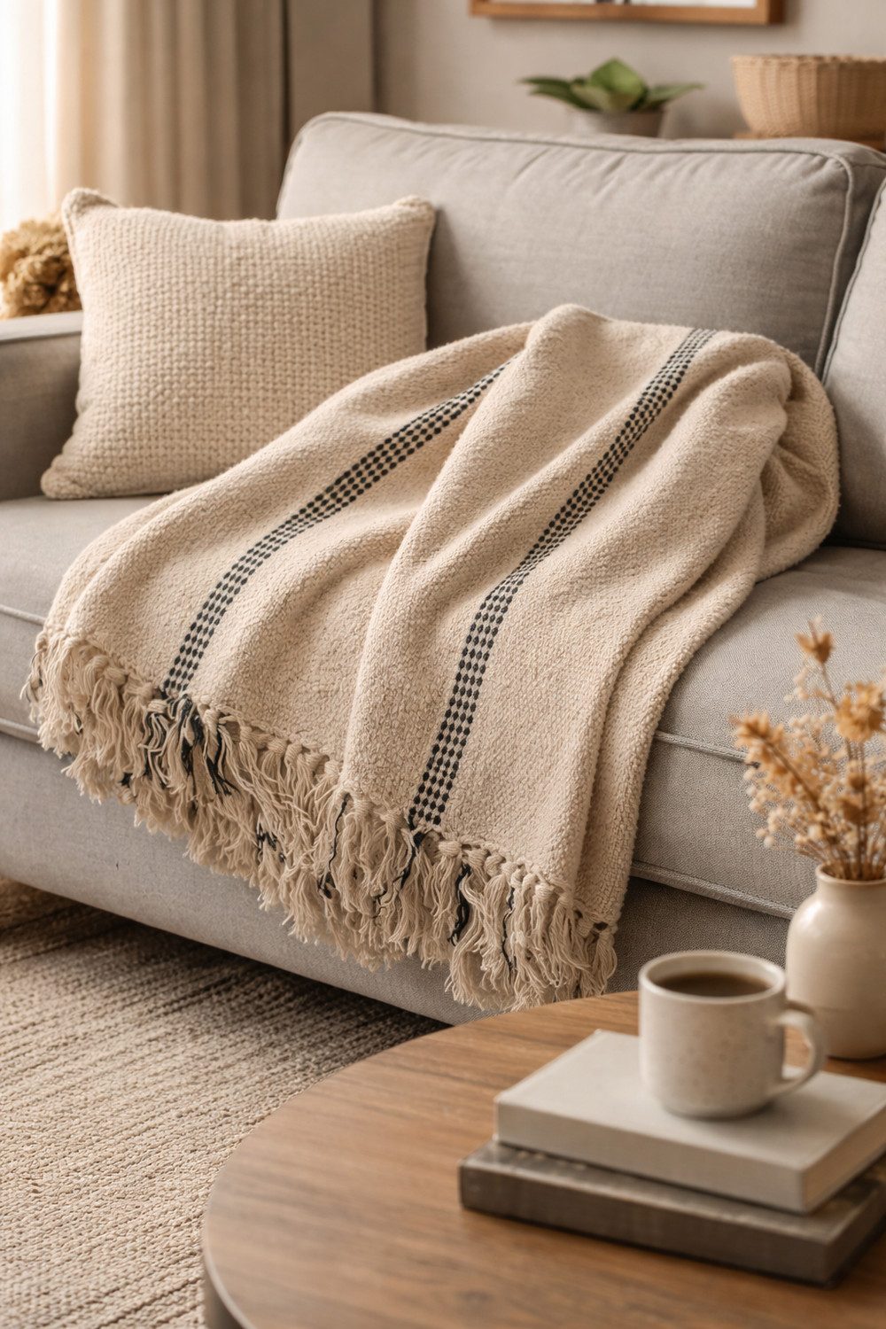 Wohndecke Beige/Black, AU Maison, Stilvolle Baumwolldecke mit Fransen 130x180 cm