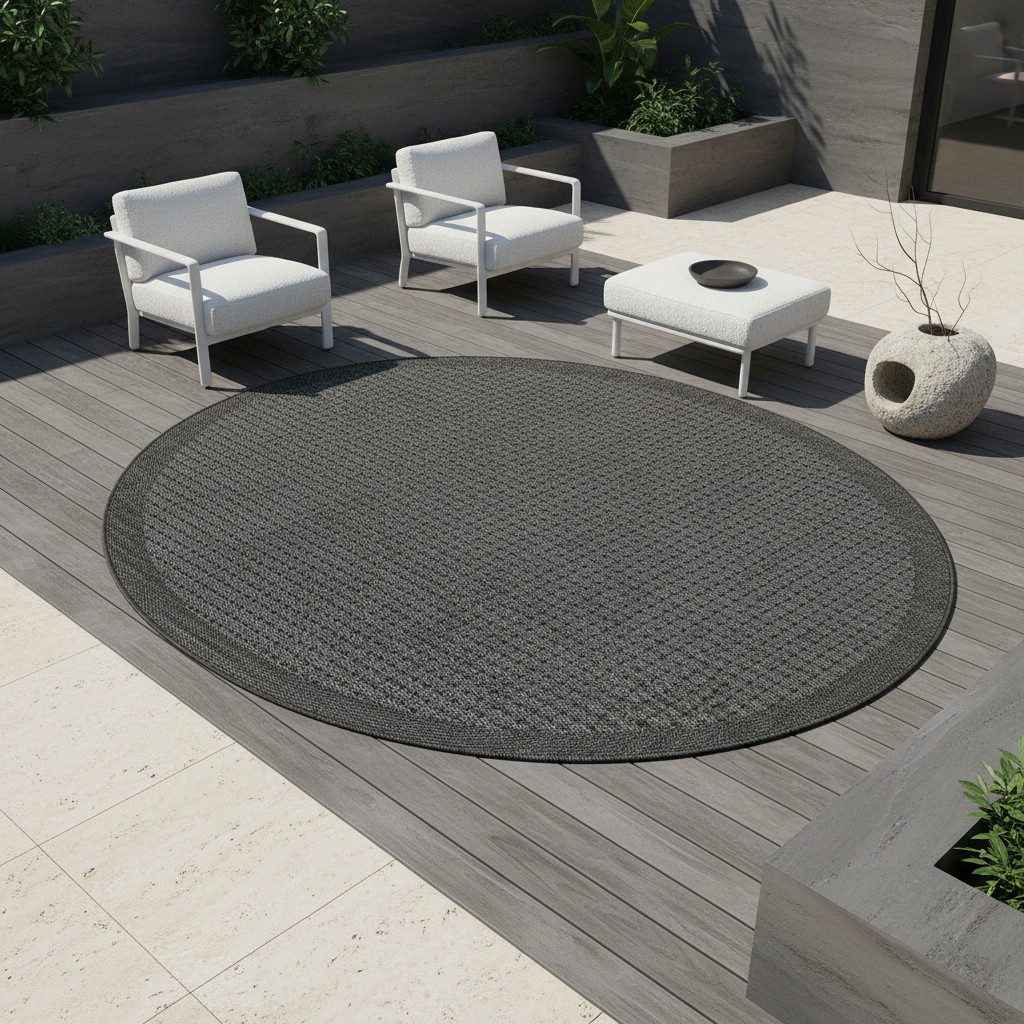 KADIMA DESIGN Outdoorteppich DAFNE Wetterfest UV-Beständig Balkon Waschbar Strapazierfähig Uni, Rund, Höhe: 3 mm, Schwarz, 120x120 cm, Balkonteppich Fußbodenheizung Robust Waschbar