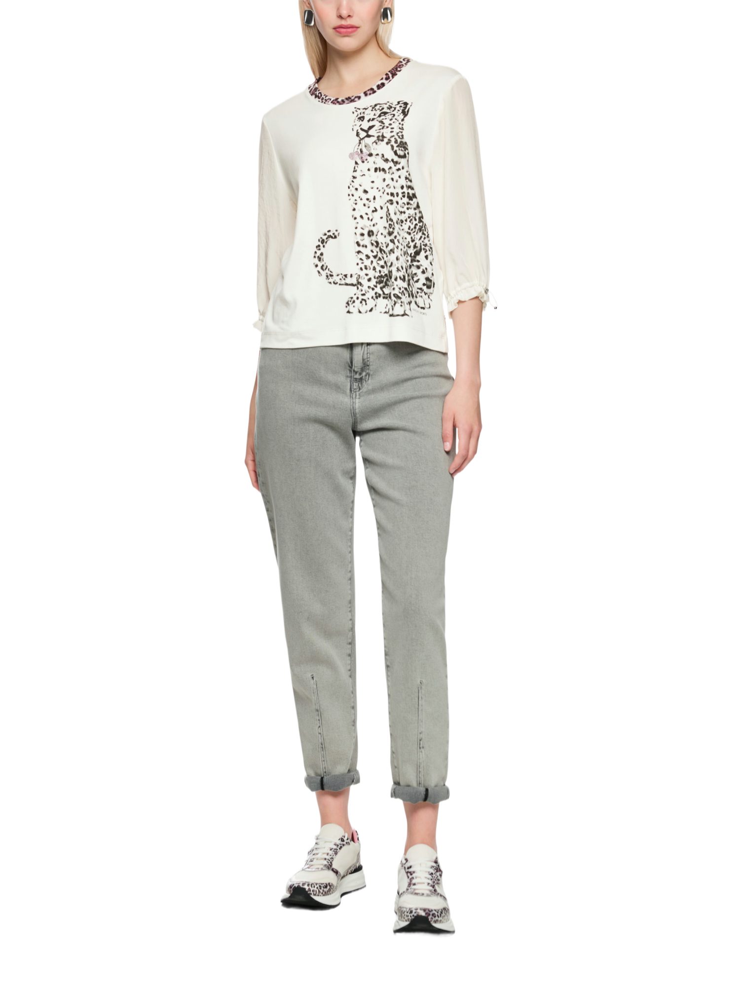Marc Cain Kurzarmbluse weiß,Casual,Baumwolle,Animalprint,Rundhals,3/4 Arm,Relaxed Fit