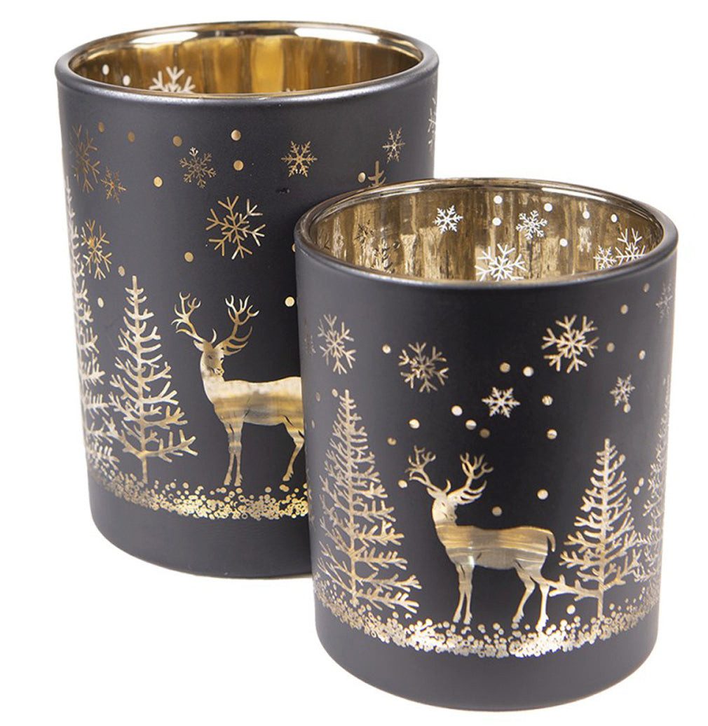 Clayre & Eef Teelichthalter Schwarzes Teelichthalter Set Hirsche im Wald fe günstig online kaufen