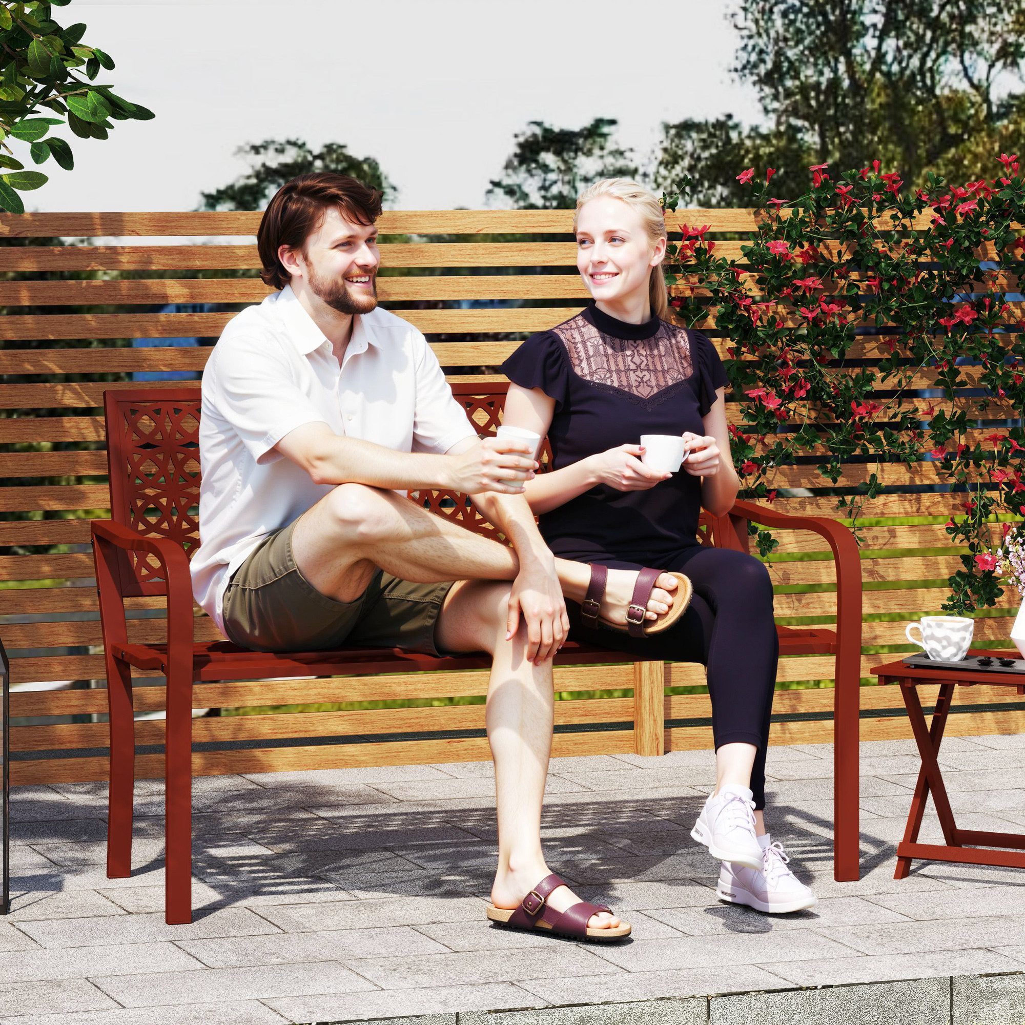 Outsunny Gartenbank Parkbank mit Rücken- & Armlehnen, 240kg belastbar, Balkonbank (Sitzbank, 1-St., Gartenmöbel), für Balkon Terrasse, Garten, 127 x 63 x 85cm, Rot