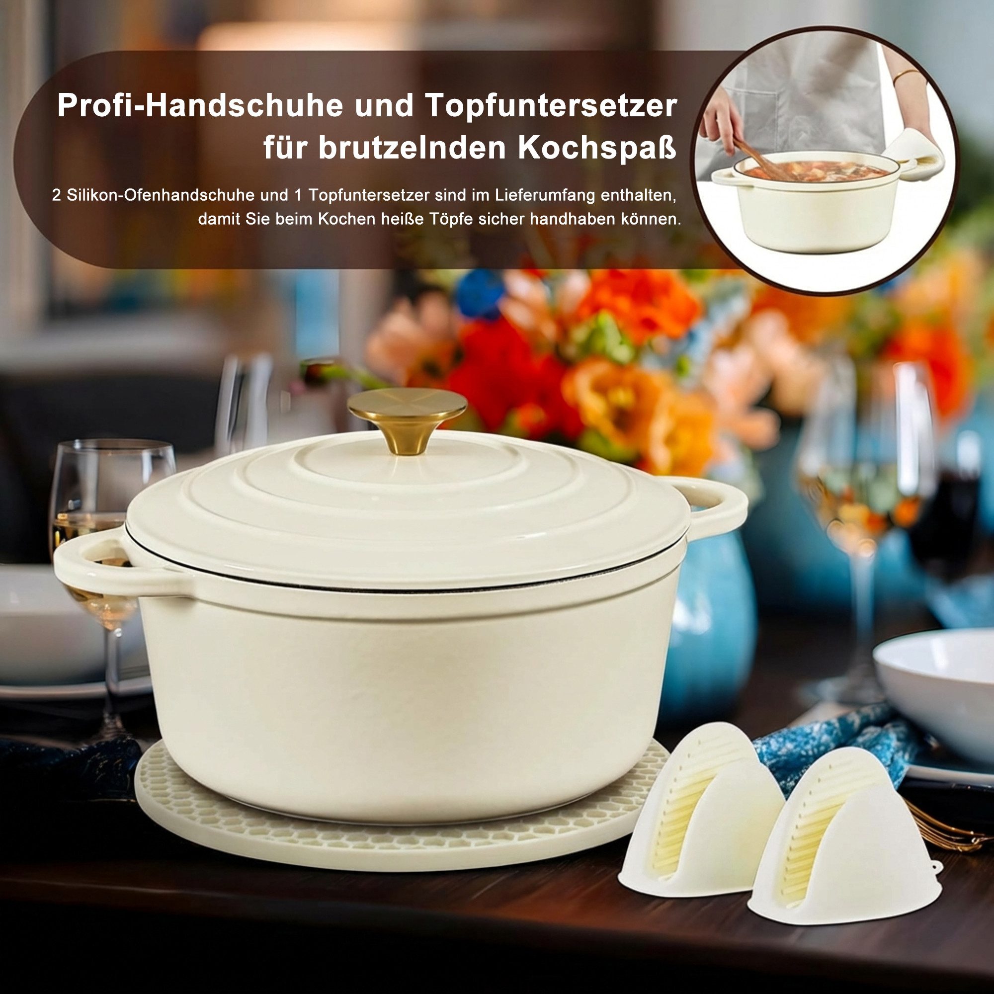 Zedelmaier Bräter Gusseisen Topf 22/24/26cm Incl. Silikon Topflappen Topfuntersetzer, (Set, 1 Pot mit 1 lid, 2 Ofenhandschuhe, 1 Topfuntersetzer), Backofengeeignet Induktionsgeeignet Zum Braten, Schmoren, Kochen