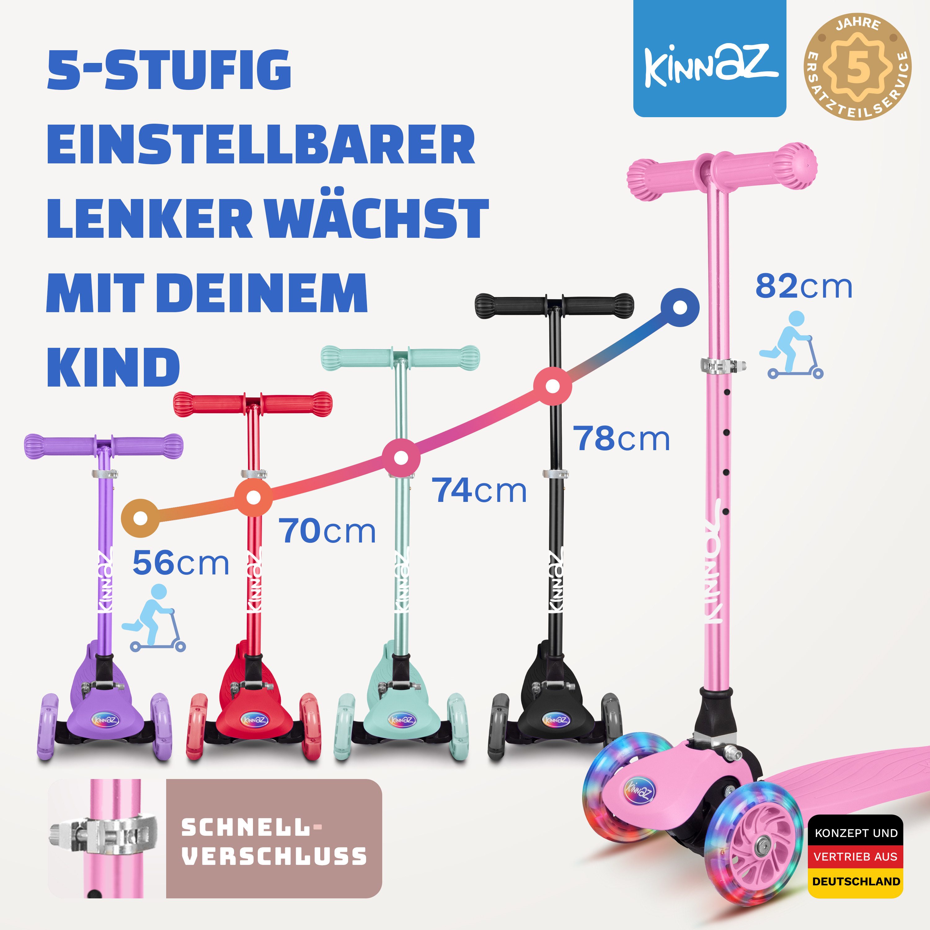 KINNAZ Dreiradscooter ab 2 Jahre LED, faltbar, Höhe flexibel, Kinderoller, Scooter, Roller, (Kinderroller, kinnaz ONE), Händler aus Hamburg – Bild 2 von 5